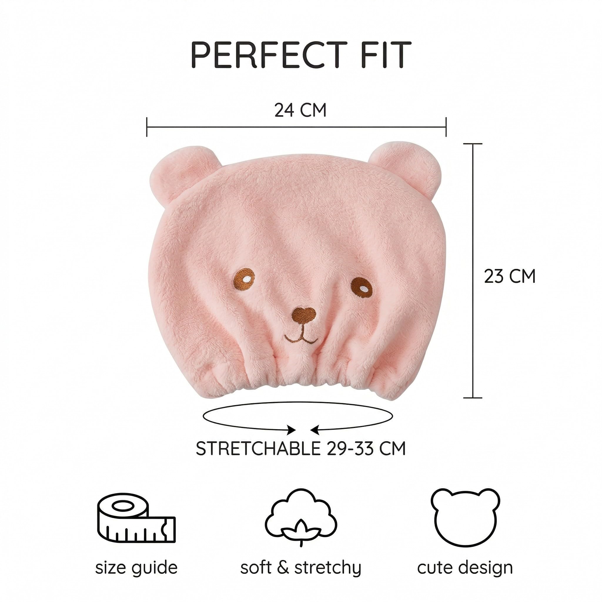 Set di 2 Turbanti in Microfibra per Capelli, Asciugamani a Cuffia Orsetto a Asciugatura Rapida, Cuffia Absorbente e Morbida per Donna e Bambini, Accessorio Bagno (Rosa e Nero)