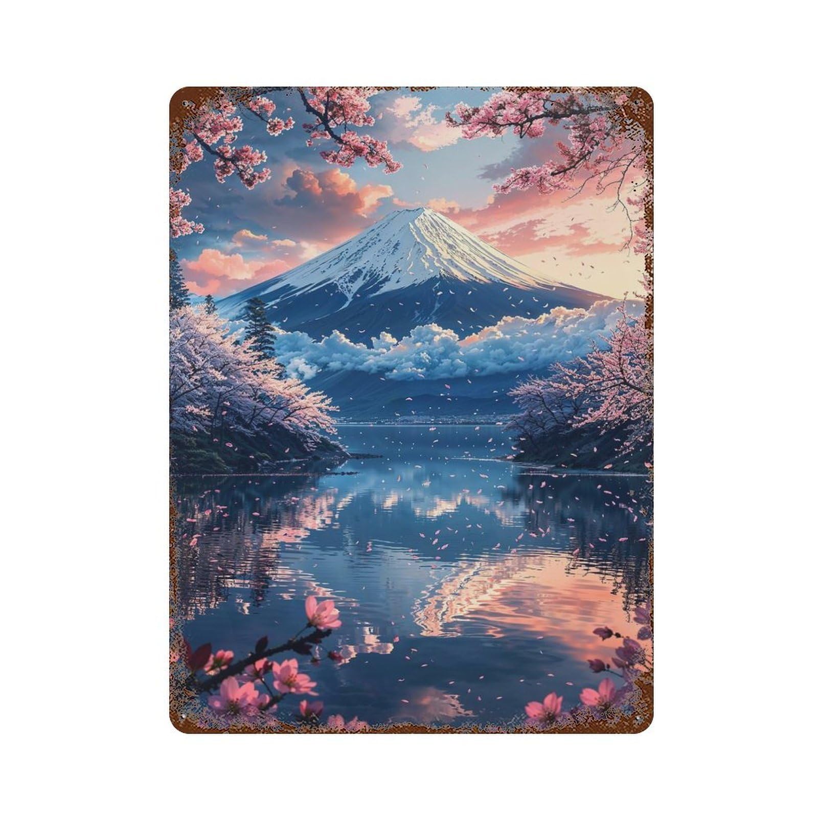 Garage Style Peaceful Morning at Mount Fuji Weathered Tin Sign 15.7"x11.8", Classic Wall Plaque for Bar And Workshop