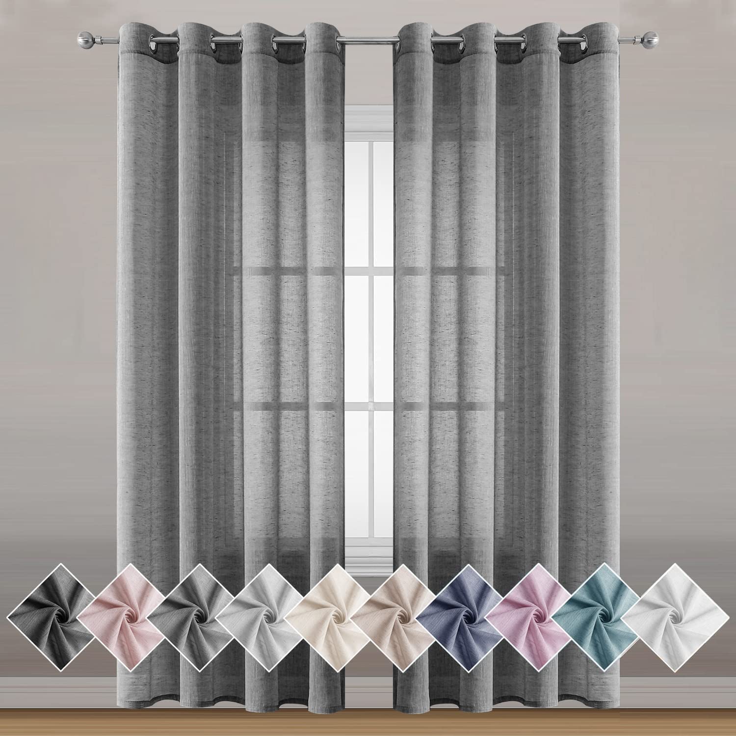 Miss SELETEX Natural Linen Sheer Curtains for Living Room Elegant Solid Window Drapes Grommet Top Light Filtering Curtains Window Voile Linen Textured Panels for Bedroom 2 Panels 52Wx95L Dark Grey