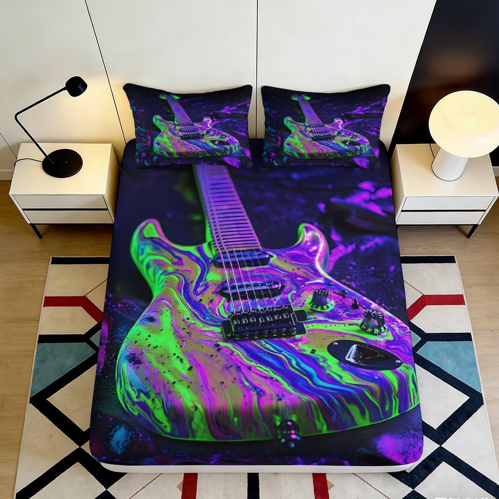 3D Printed Electric Guitar Fitted Sheet Microfiber Vibrant Neon Bed Cover for Bedroom Dorm Mattress Protection Decor 90x200x25cm