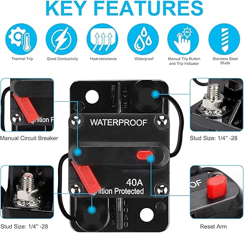Miniatura 5 de Disyuntor impermeable de 40 amperios, portafusibles, disyuntor de audio, con reinicio manual, 12V-48V CC, 30A-300A, para sistema de audio de barco