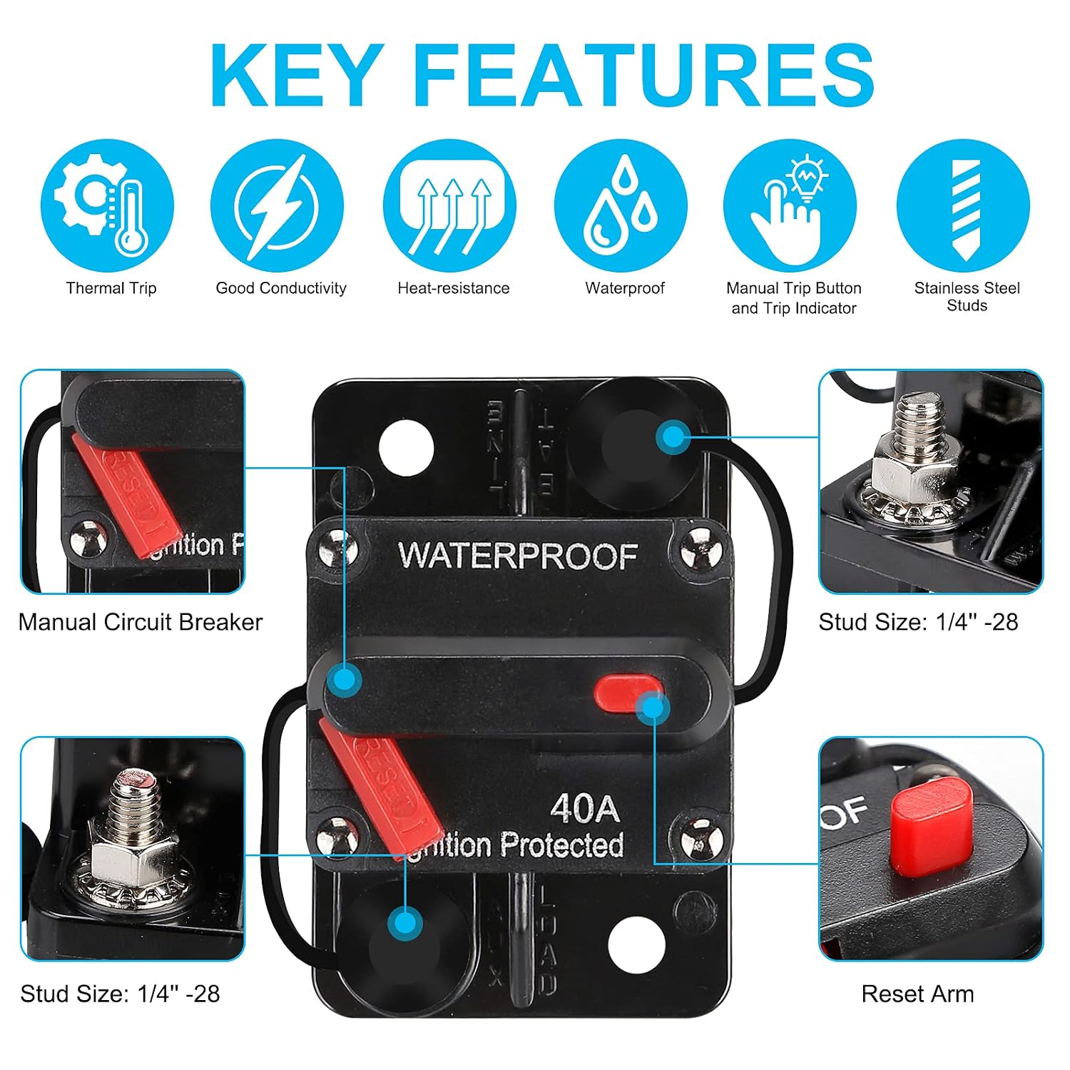 40 Amp Audio Circuit Breaker,12V-48V DC Fuse Holder,30-300A Breaker Switch,Inline Circuit Breaker with Reset Button,for Automotive Marine Boat Audio System Current Overload Protection