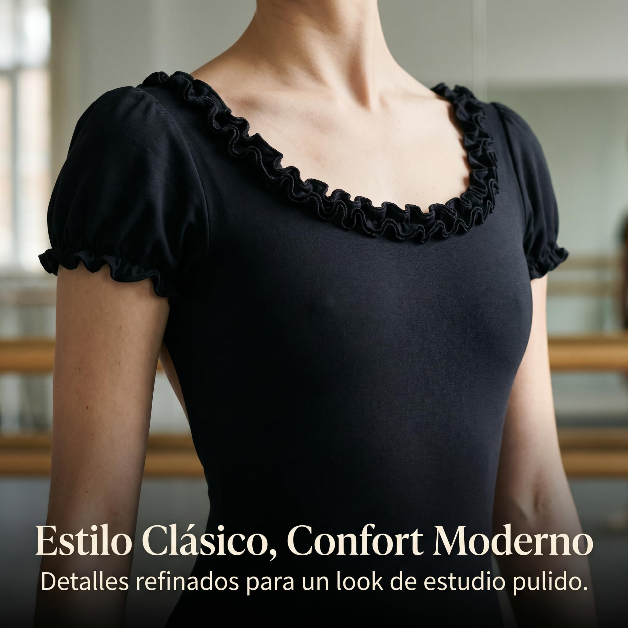 Maillot Ballet Niña Negro Corta con Cuello Cuadrado para Danza