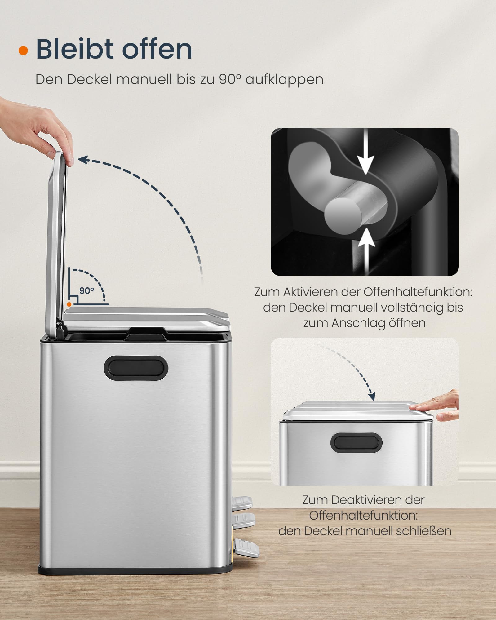 SONGMICS HOME Mülleimer Küche, 3 x 15 L Fächer, Abfalleimer mit farbcodierbaren Pedalen, Mülltrennsystem, mit Deckeln und Inneneimern, Stahl, metallicsilber LTB740E45V1