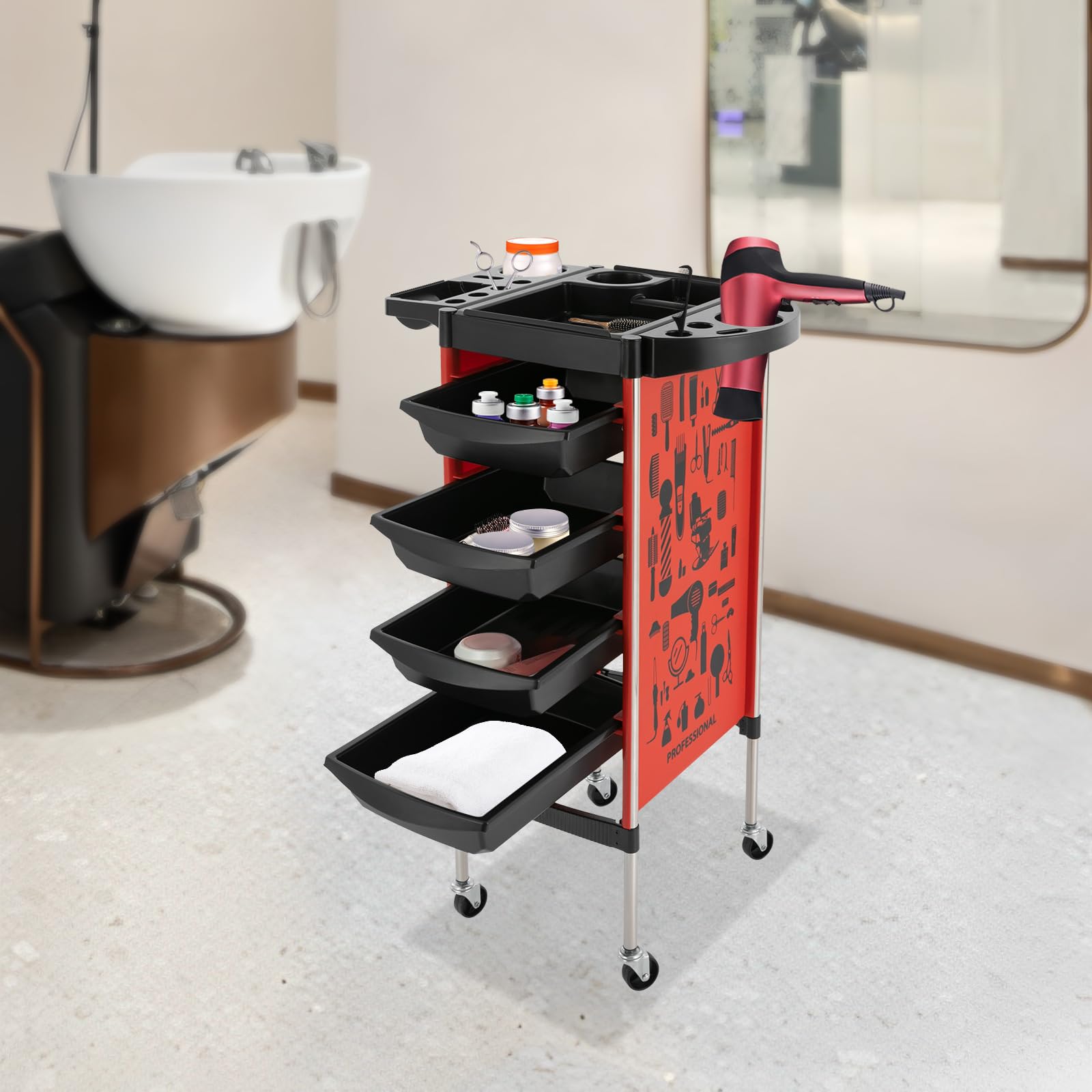 Carrello Parrucchiere Professionale 38 x 88 cm 5 Ripiani + 4 cassetti Ruote silenziose Rosso per Centri estetici e Parrucchieri