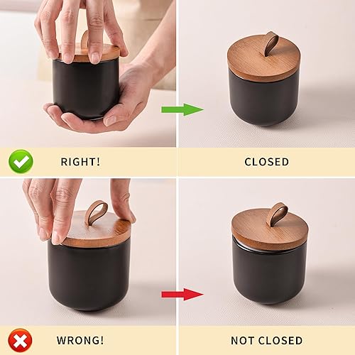 Miniatura 7 de Juego de recipientes de cerámica negra con tapas de bambú, tarros herméticos de almacenamiento de alimentos de 3 piezas para cocina, harina, azúcar,