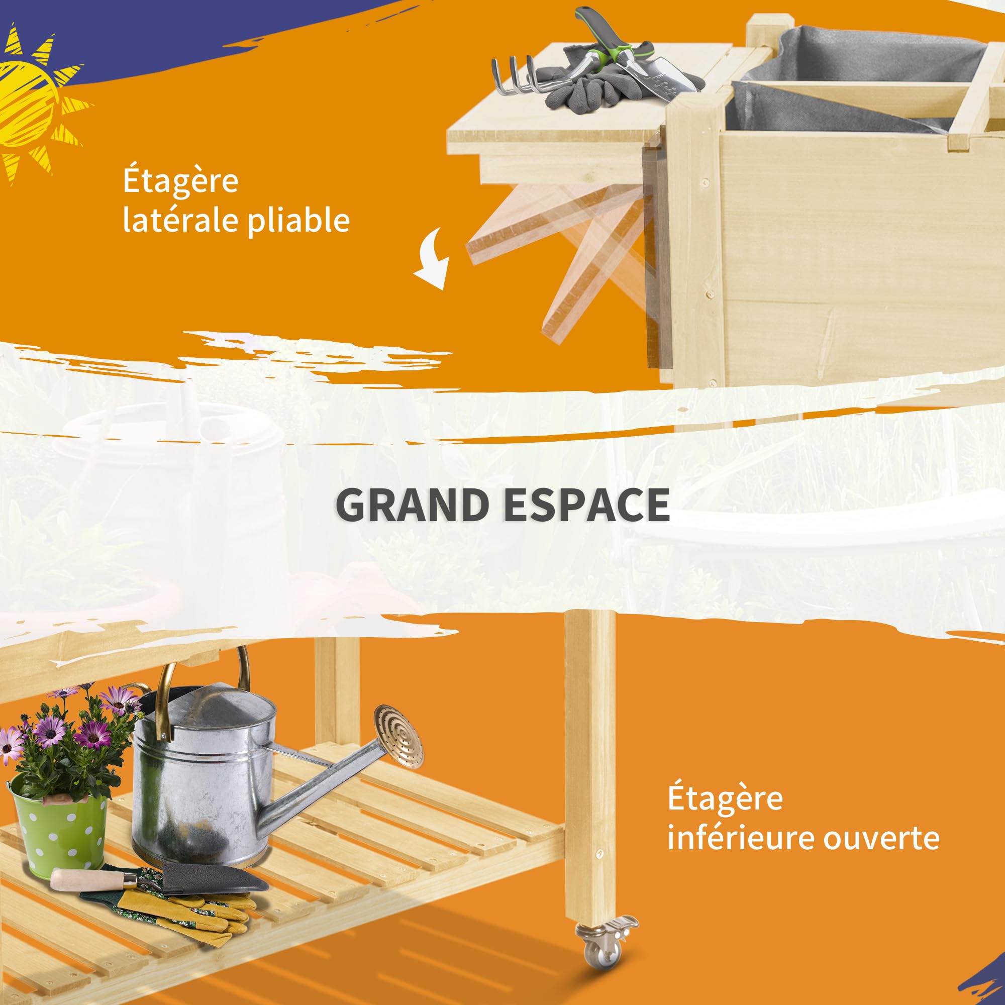 Outsunny Jardinière sur Pied - Potager sur roulettes - étagère, Tablette Rabattable, Inserts d'irrigation, Feutre de Drainage Inclus - Bois Sapin pré-huilé dim. 123L x 54l x 87H cm