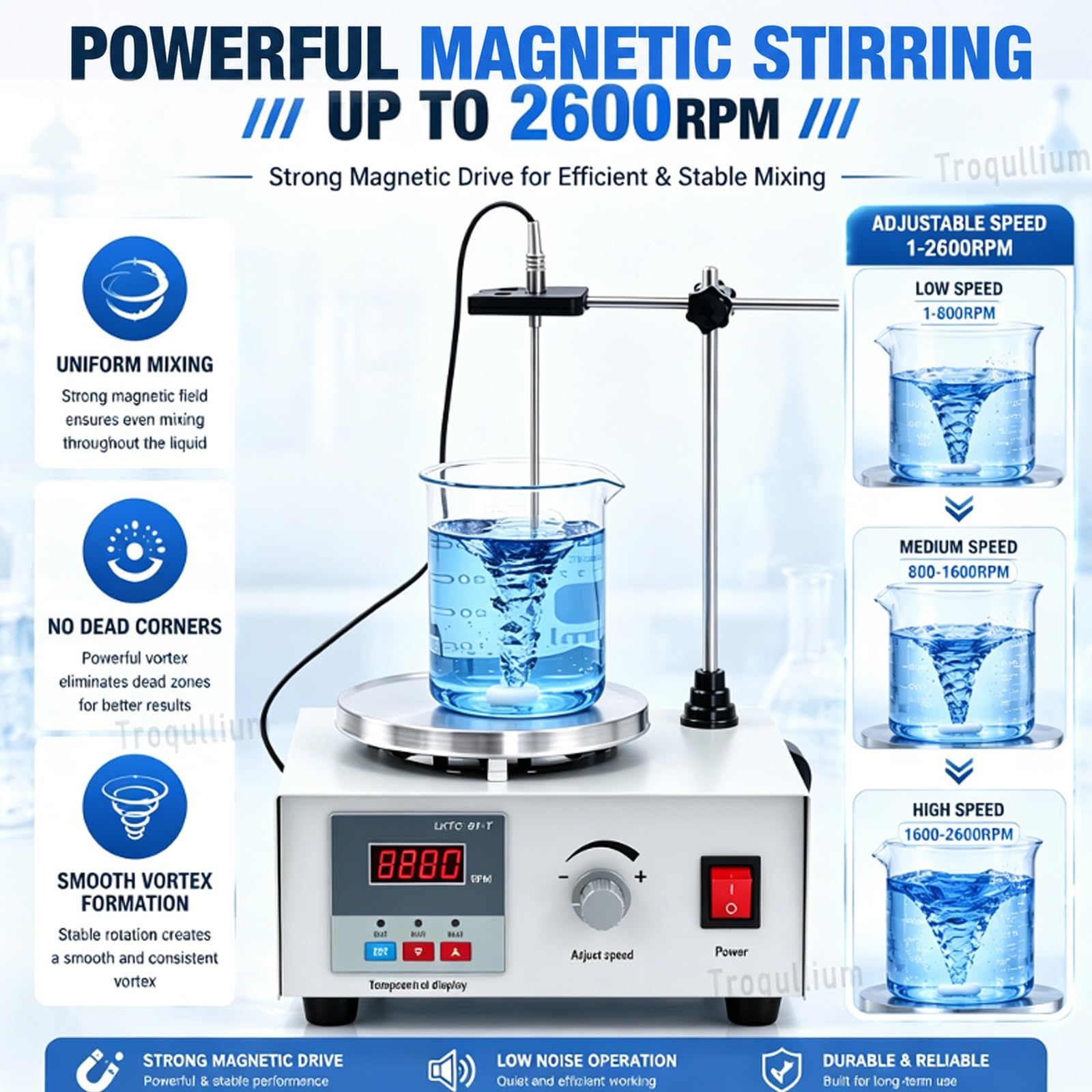 Agitatore magnetico,con piastra riscaldante da 12,5cm di diametro, display LED,supporto di supporto e barra di agitazione,velocità di rotazione 0-2600giri/min,for campi come la biochimica