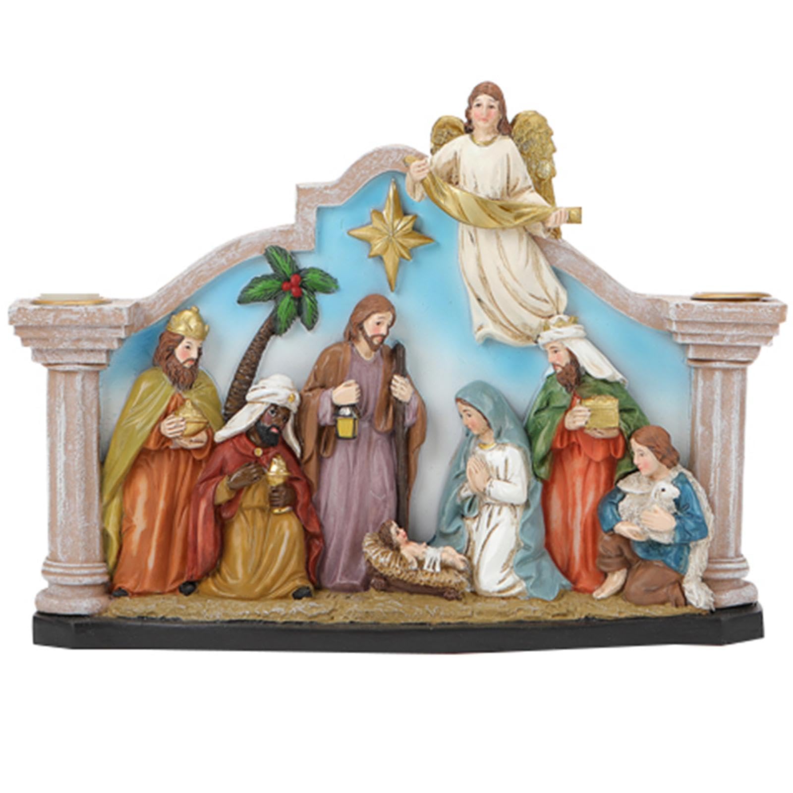Soporte para belén con figuras de la Sagrada Familia Resina Decoraciones de Adviento de Navidad para vacaciones Regalos de mesa Santa Familia Cuna con Candelabro
