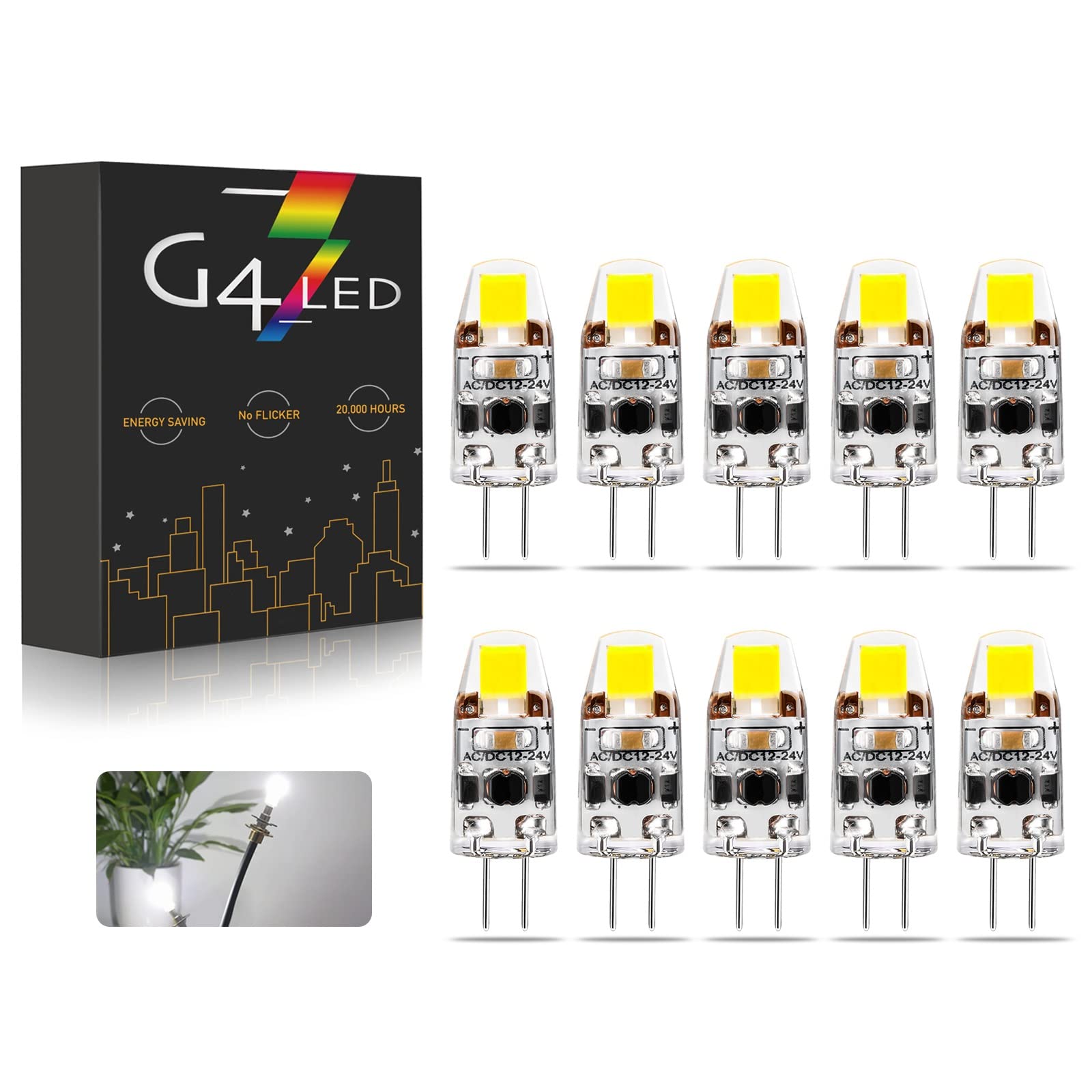 G4 LED Light Bulbs, AC/DC 12-24V 2W Dimmable G4 LED Lamp Cool white 6000K 180LM, Replacement for 20W Halogen Bulbs, No Flickering, 10pcs