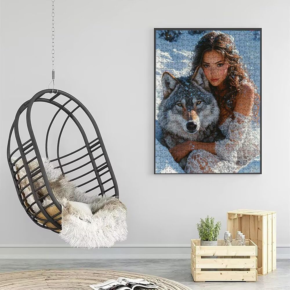 Puzzle 2000 sztuk, śnieżny wilk kobieta puzzle dla dorosłych 2000, drewniane puzzle, klasyczne gry edukacyjne, niemożliwe wyzwanie, rodzina gier, kreatywny prezent DX0YL1-986