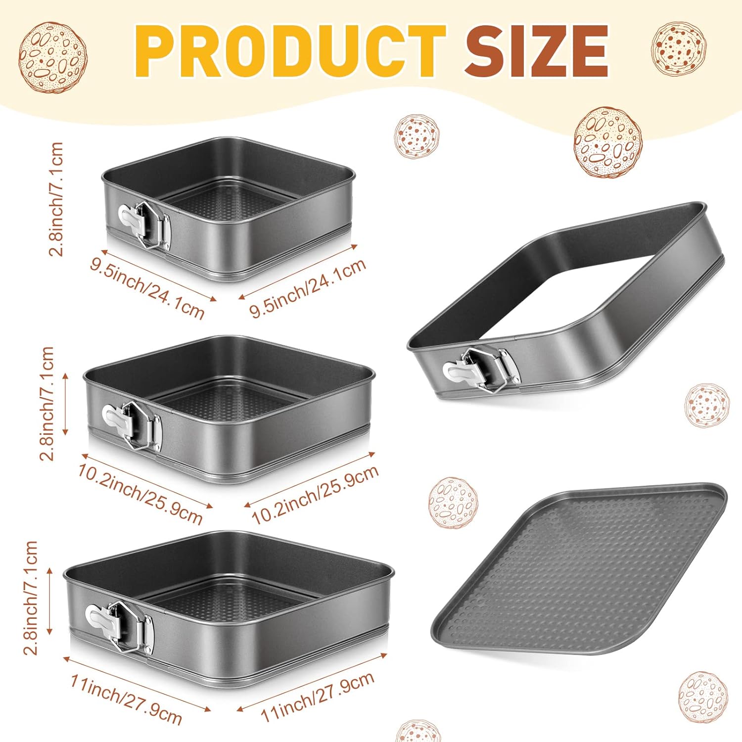 Zubebe Springform Cake Pan Square Non Stick Baking Pan 9.5, 10.2, 11 Inch, Set of 6 Leakproof Square Baking with Removable Bottom Cake Mold for Cheesecake Wedding, 3 Sizes - Image 2