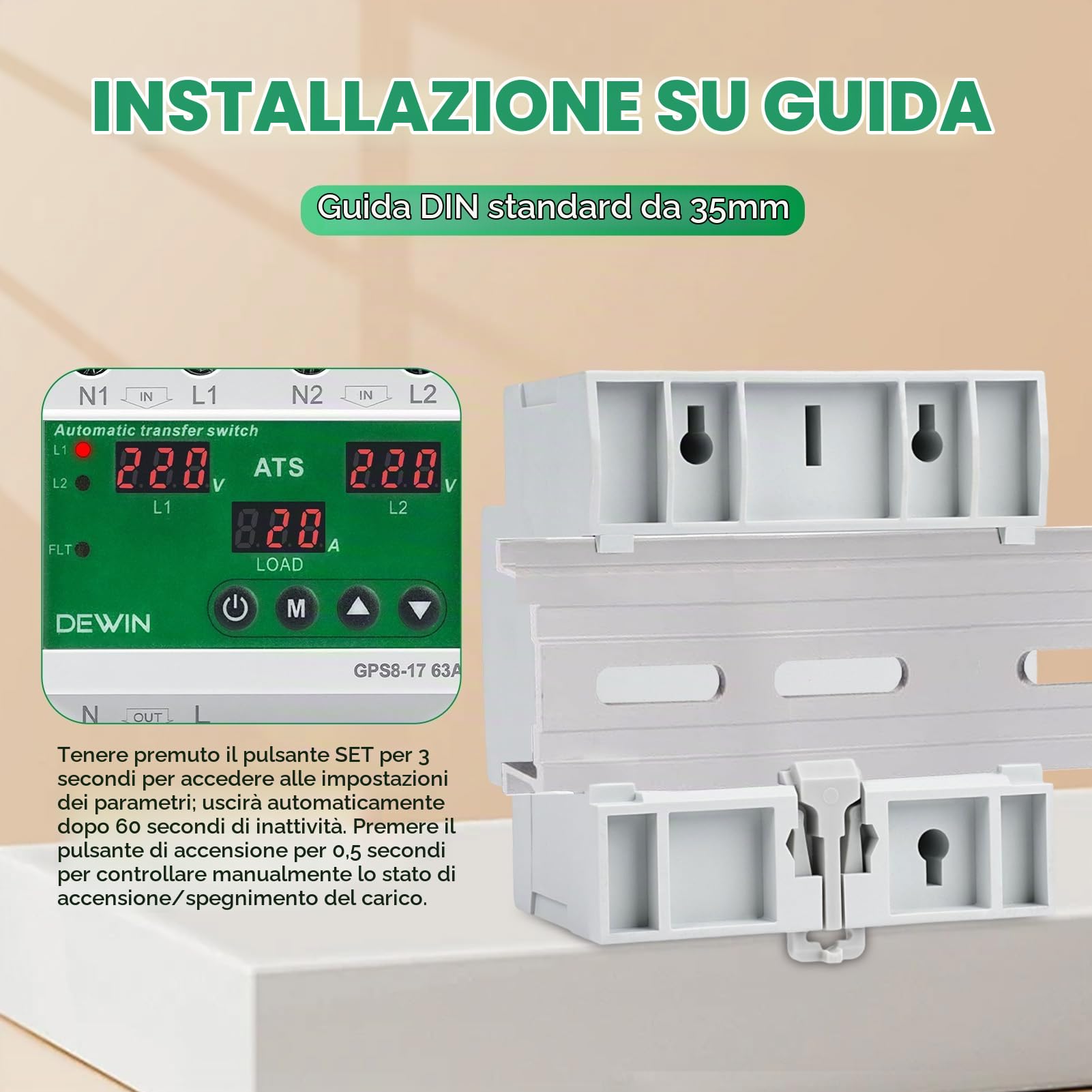 Commutatore di Rete Automatico,ATS 63A AC220V Interruttore di Trasferimento | Interruttore di Trasferimento Automatico con Display LED,Protezione da Sovratensione e Sottotensione Regolabili （GPS8-17）