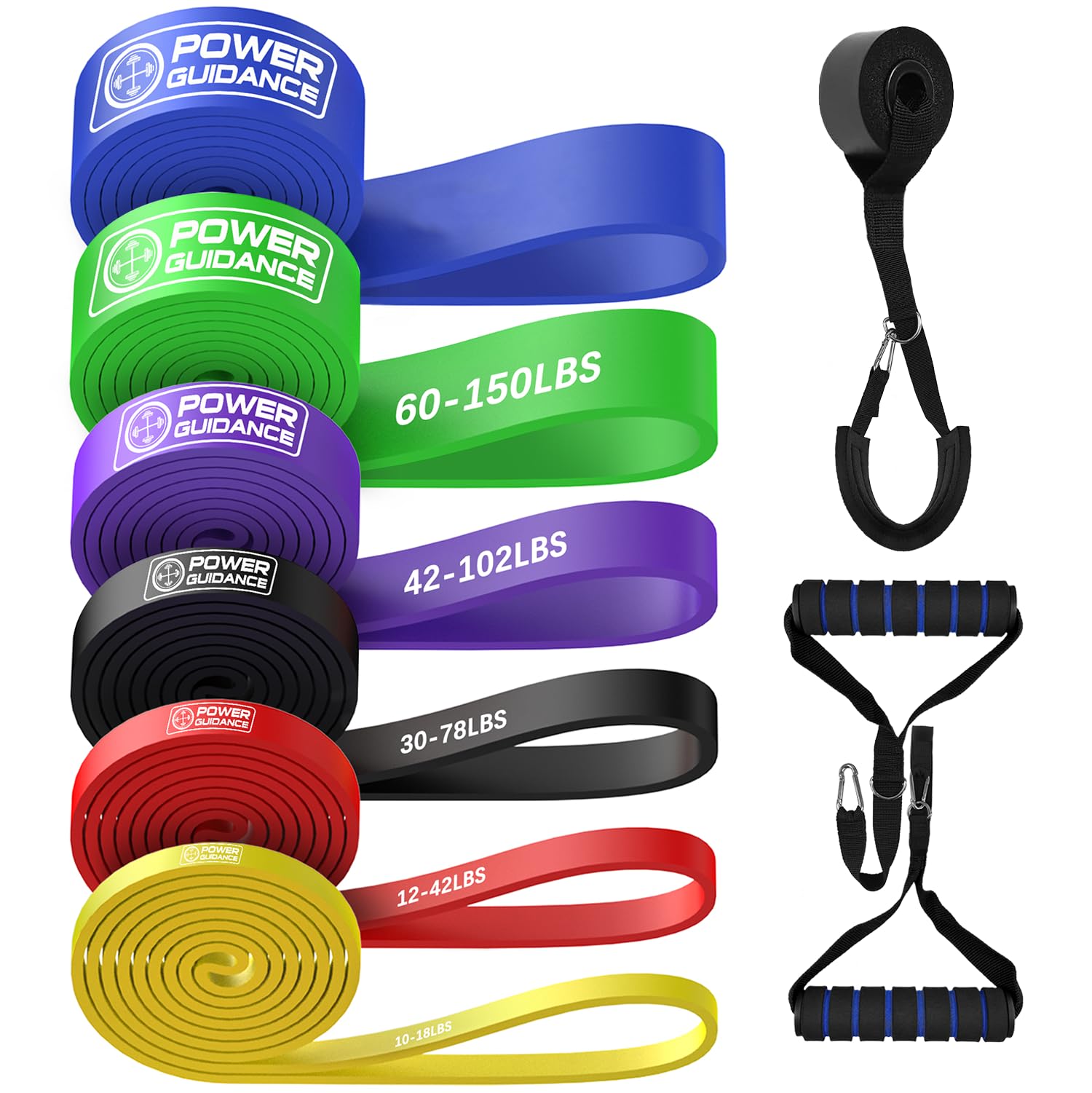 POWER GUIDANCE Klimmzugbänder, Widerstandsbänder-Set, Workout-Übungsbänder, 6 Stufen für Powerlifting, Muskelkraft, Pilates-Widerstandstraining (Gelb + Rot + Schwarz + Lila + Grün, 4,5–77,1 kg)