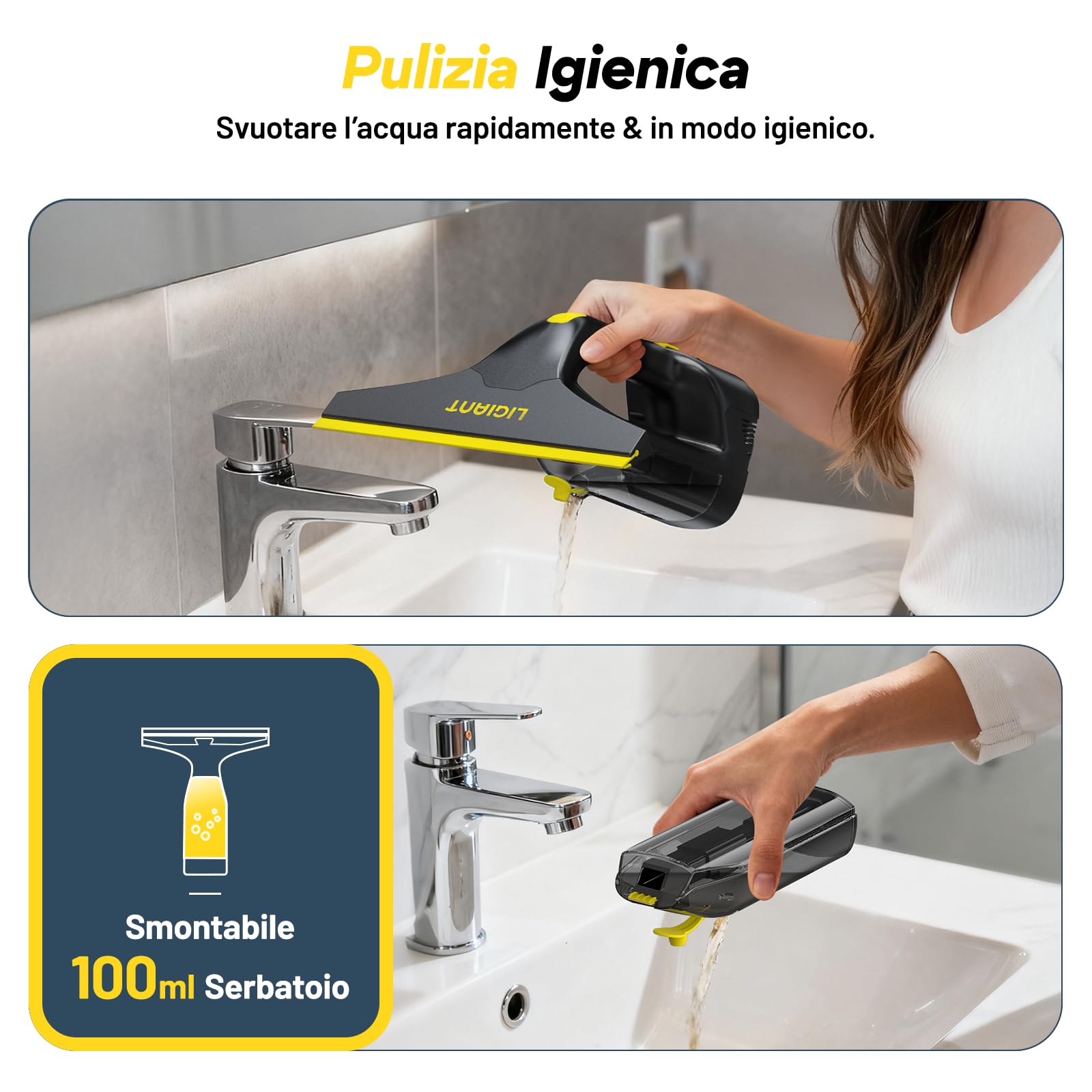 LIGIANT CL03A Lavavetri Aspiragocce Elettrico, 60 Min Autonomia, Ugello 280 mm, Leggero 700 g, Bottiglia Spray e Panni in Microfibra, Ricarica Type-C, Ideale per Finestre, Piastrelle, Specchi e Doccia