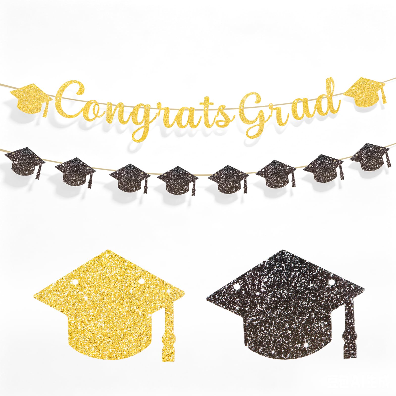 Congrats Grad Banner, Happy Graduation Bunting, Yellow Black Party Decoration for Her Him, Reusable Congratulation Decor for Graduate โ image 1