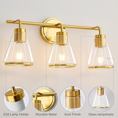 Miniatura 4 de Lámpara de tocador dorada, lámpara de baño sobre espejo, 3 luces, pantalla de vidrio transparente, aplique de pared moderno de 22 pulgadas para