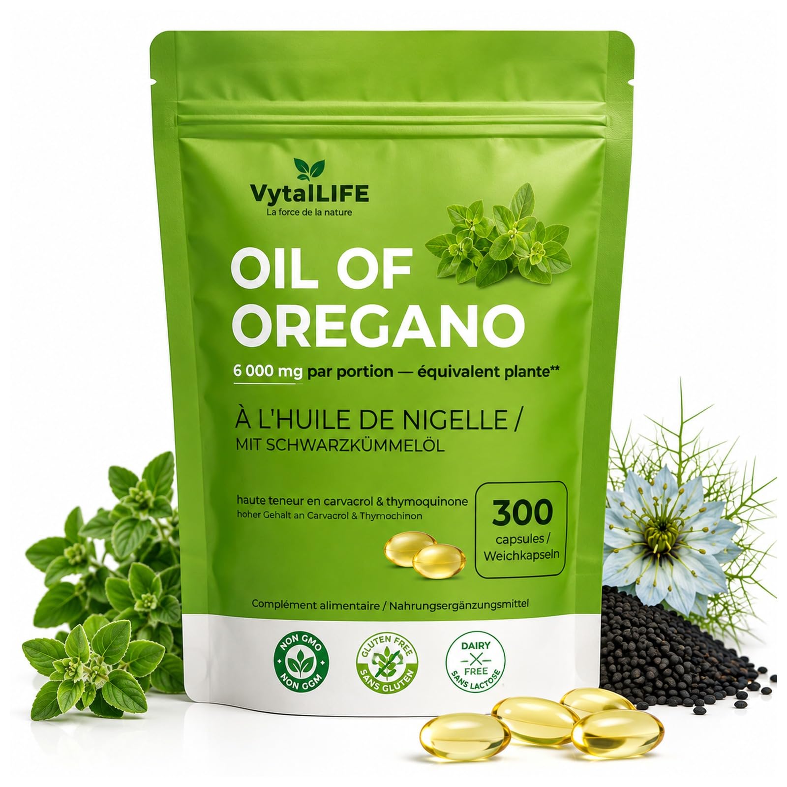 Huile d’Origan & Huile de Nigelle – 300 Gélules (Cure 5 Mois) – 6000 mg Haute Concentration – Soutien Immunitaire Naturel & Bien-Être – Oil of Oregano & Black Seed Oil – Pureté & Qualité Certifiée