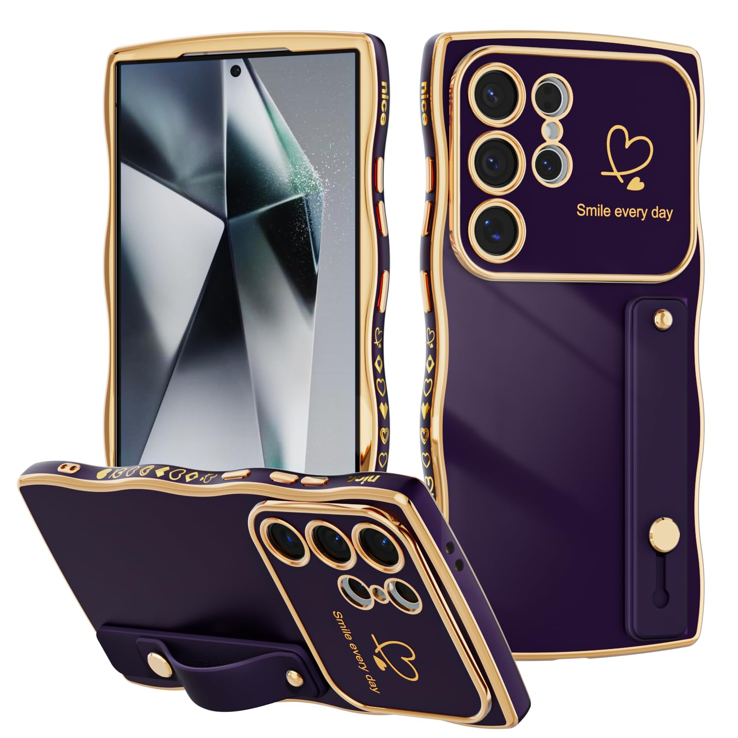 MINSCOSE for Samsung Galaxy S22 Ultra Case with Strap,Luxury Cute Curly Wave Frame Love Heart Plating with Wristband Pattern,Raised Full Camera Soft TPU Protective Phone Case for Women Girl-DarkPurple