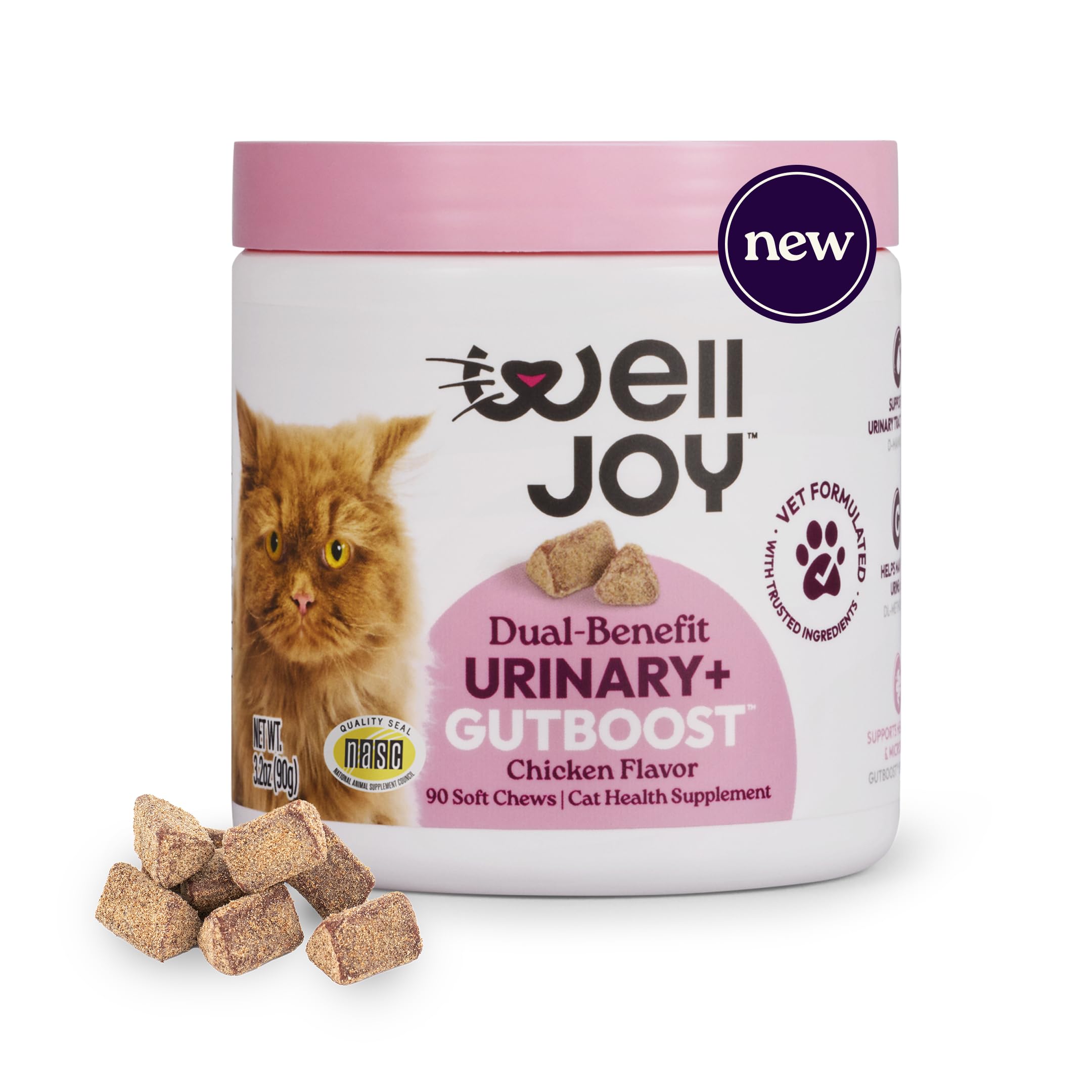 New! WellJoy Cat Supplement Urinary+ GutBoost | Cat Health Supplement | Supports Urinary Tract Health | Dual-Benefit GutBoost Formulation | Vet Formulated | USA Made | Chicken Flavor | 90 Soft Chews