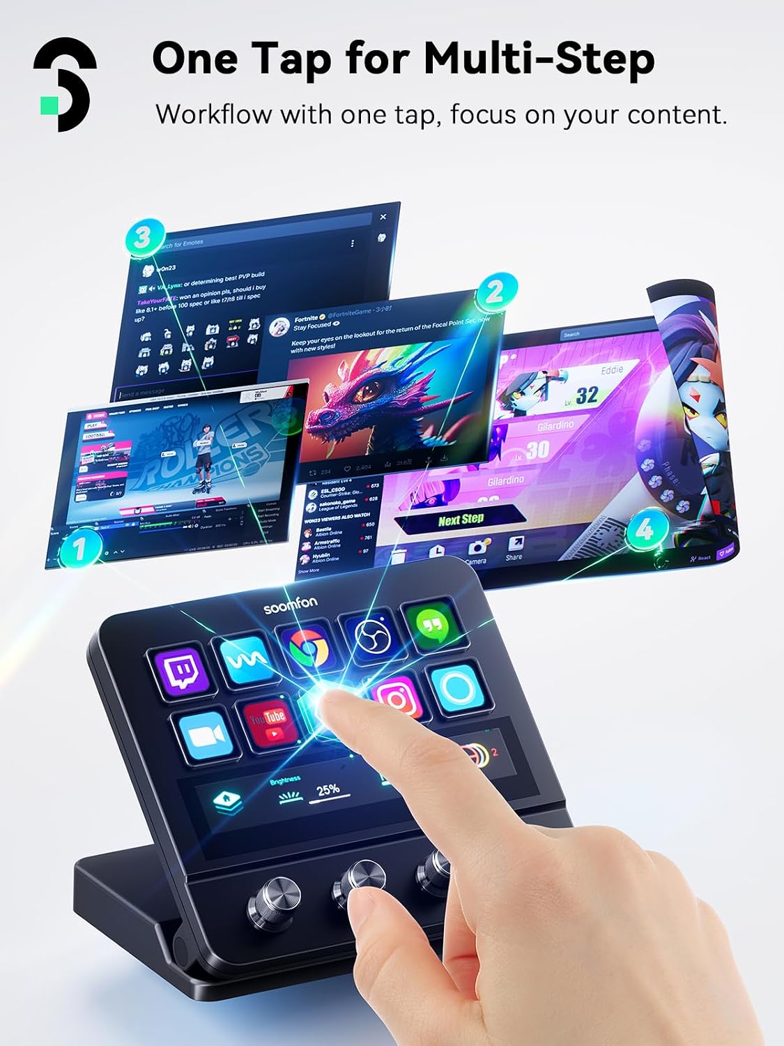 SOOMFON Stream Controller Stream Control Deck with 10 Custom Macro Keys & Sliding Touchscreen with 4 Adjustable Knobs for Any Streaming, Content Creators, Gaming, Compatible with MAC and PC