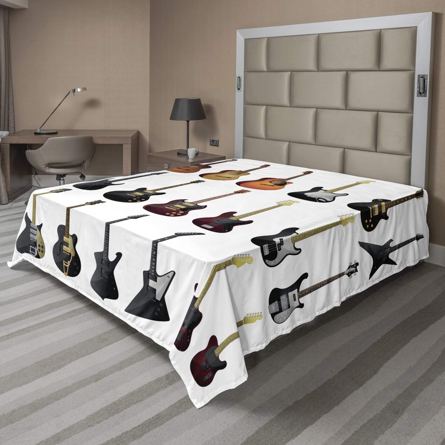 Ambesonne Music Flat Sheet, Instruments Pattern Classical and Bass Varieties of Guitars Rock and Jazz Music Theme, Soft Comfortable Top Sheet Decorative Bedding 1 Piece, Queen Size, Grey Black