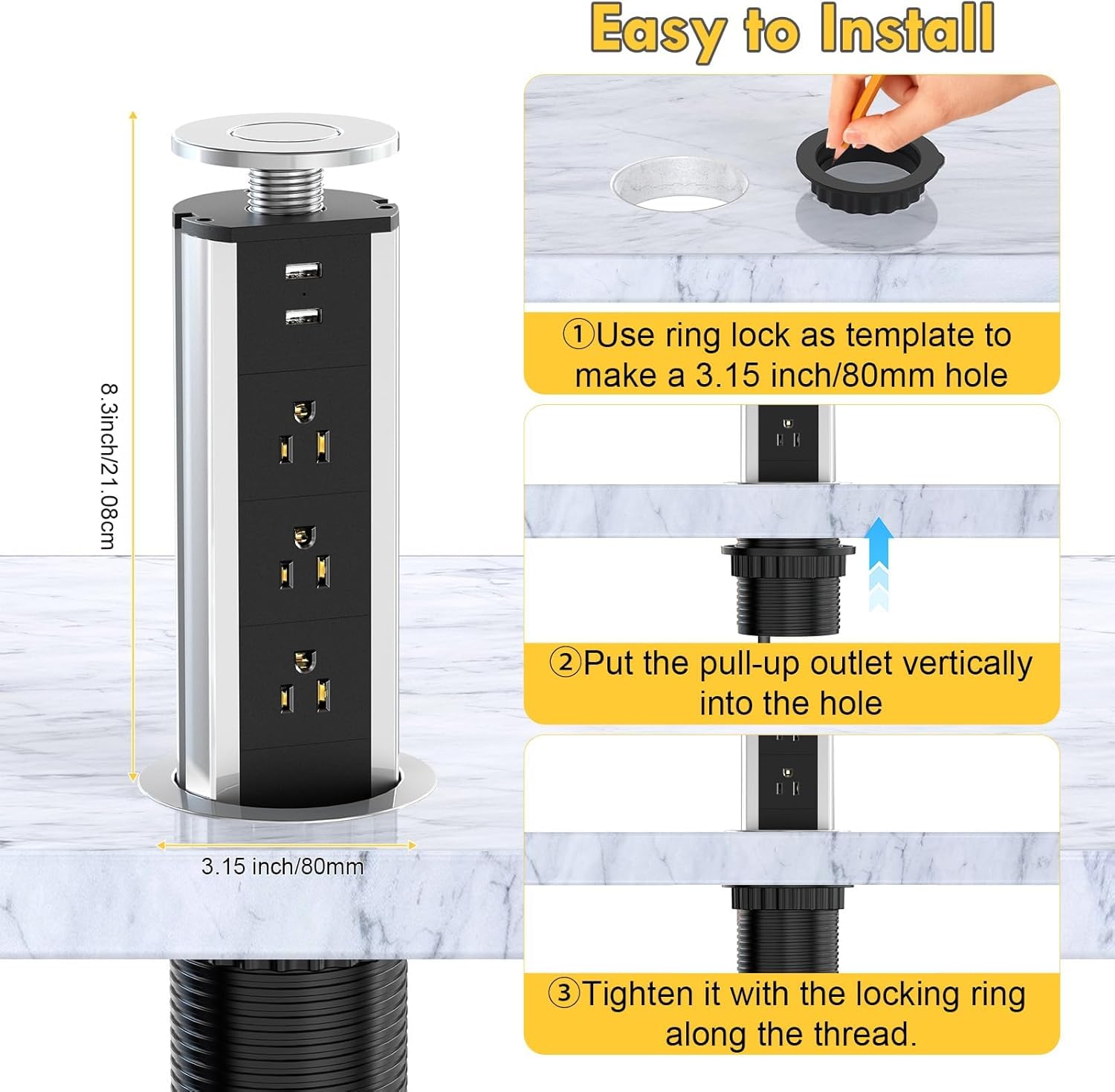Pop Up Electrical Outlet for Countertop, Recessed Power Strip with 3 AC Outlet & 2 USB Ports,80mm Hole Pull Pop Up Socket Hidden Outlets, Pop Out Power Outlet for Kitchen Counter Conference Desk