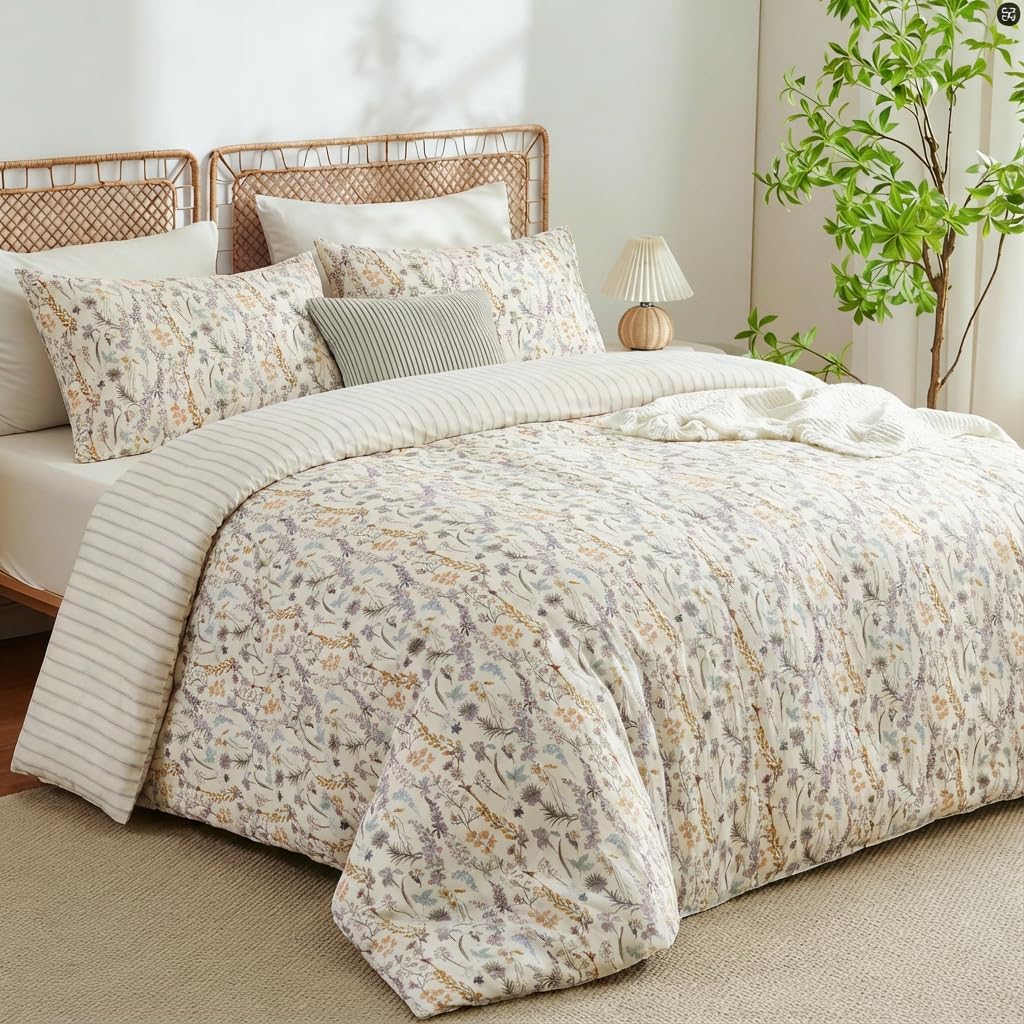 CCoutueChen Floral Comforter Set Queen 3 Pieces Aesthetic Reversible Striped Bedding Set Beige, 100% Microfiber, Farmhouse Botanical Flower Comforter with 2 Pillowcases, Soft Lightweight, All Season