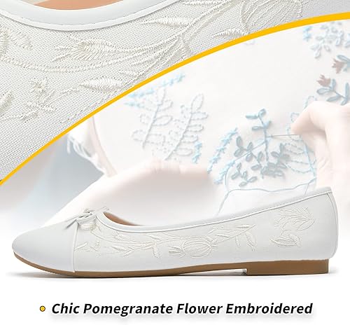 Miniatura 2 de BABUDOG Zapatos planos para mujer con bordado de granada, planos blancos con lazo, cómodos zapatos planos de punta redonda, zapatos de vestir negros