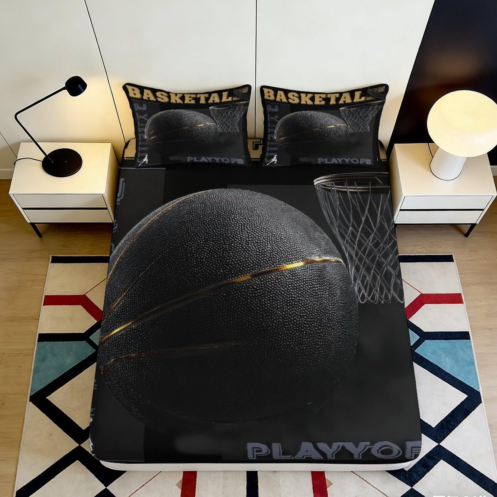 3D Printed Black Basketball Fitted Sheet Microfiber Soft Breathable Basketball Hoop Bed Cover for Bedroom Dormitory Guest Room Mattress Protection 90x200x25cm