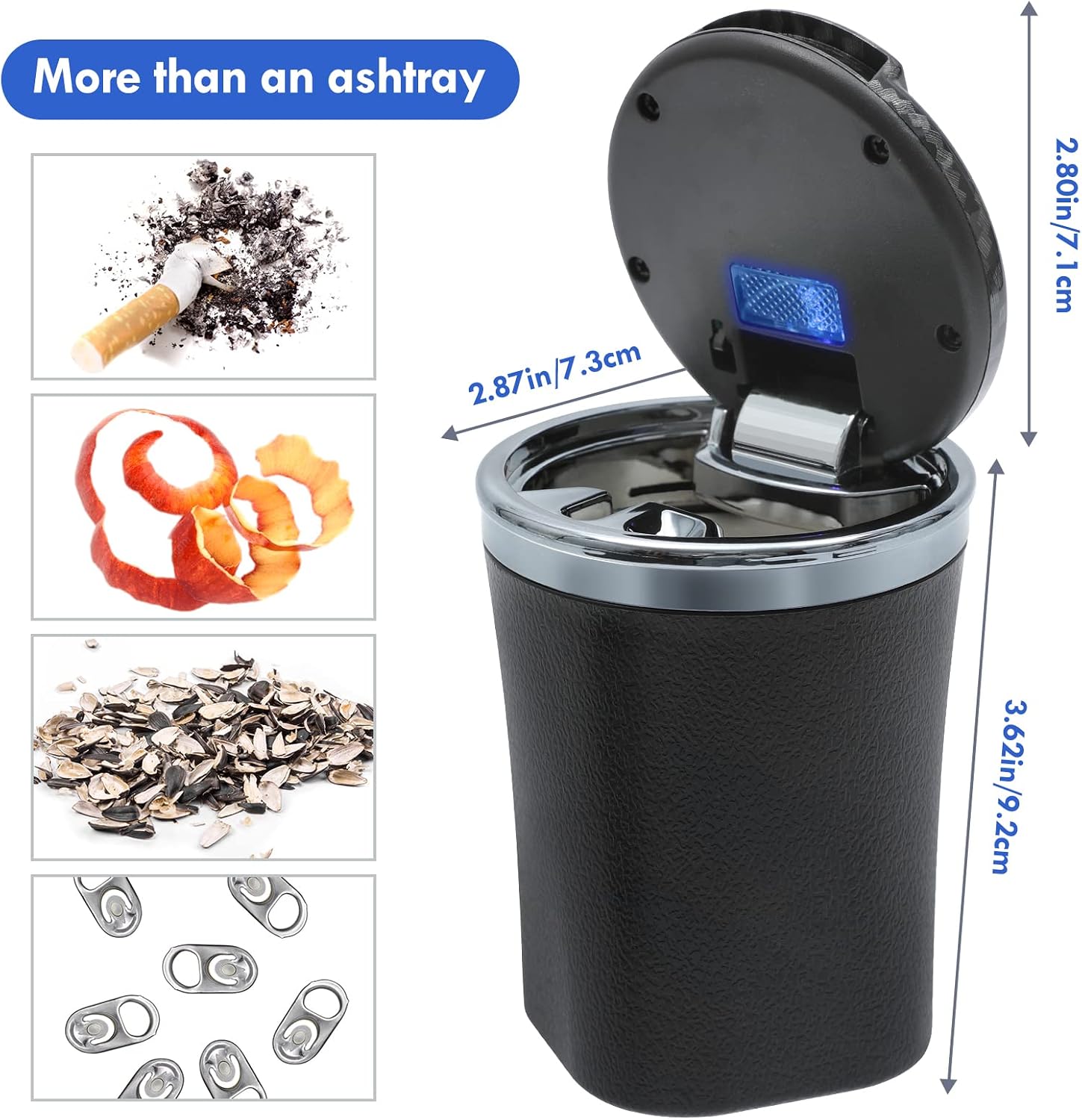 Car Ashtray with Lid Auto Ashtrays Smell Proof Smokeless Ashtray for Car Easy Clean Up Detachable Ash Tray with LED Blue Light (Black)