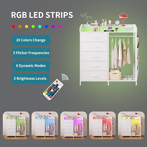 Miniatura 6 de LUMTOK Cómoda moderna de 5 con estante colgante LED, cómoda con perchero, perchero y cajones de almacenamiento, cajones con percheros para