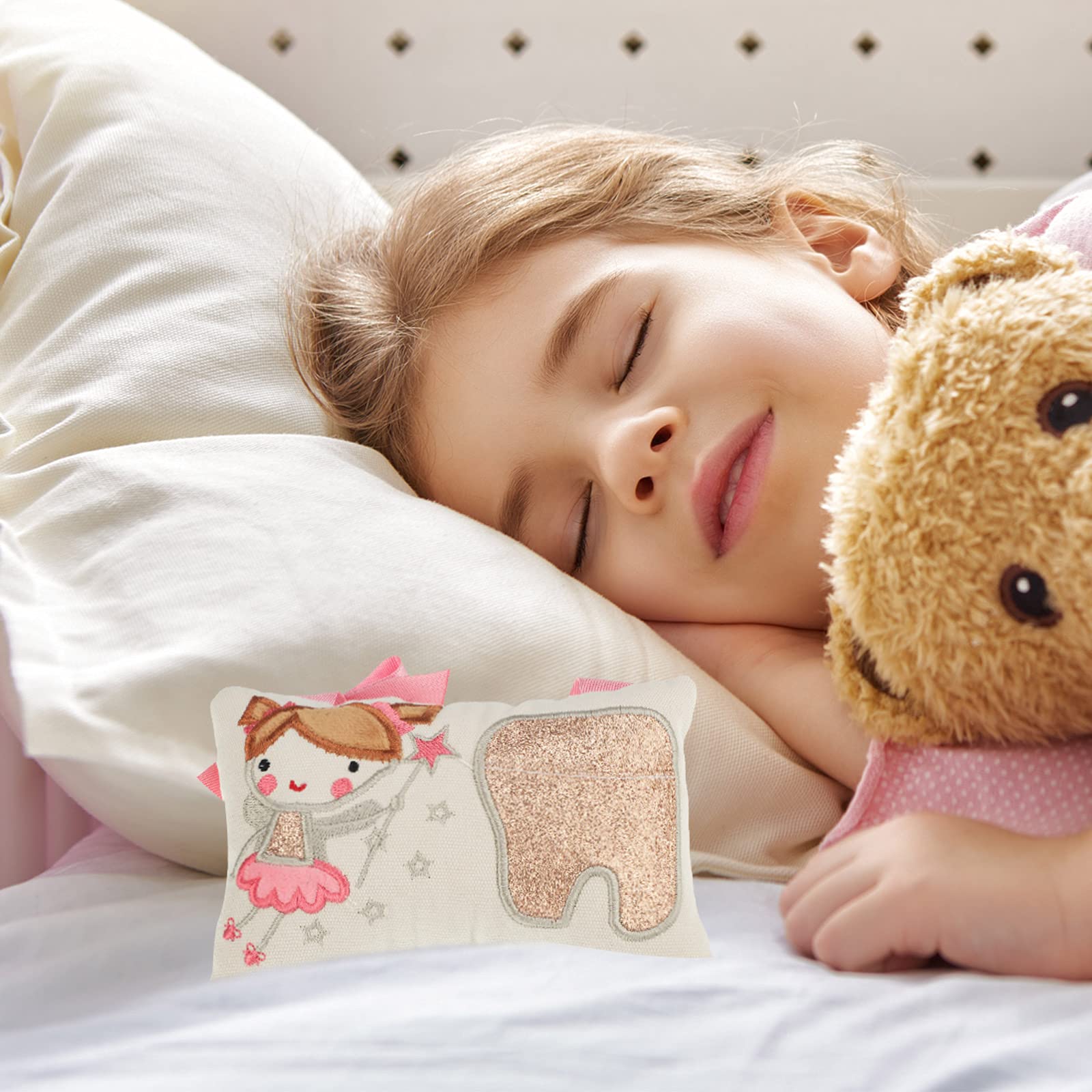 Qunclay Tooth Fairy Pillow with Pocket Kids Keepsake Pouch Tooth Fairy Gifts for Girl and Boy, 3.9 x 5.9 Inches (Sweet)