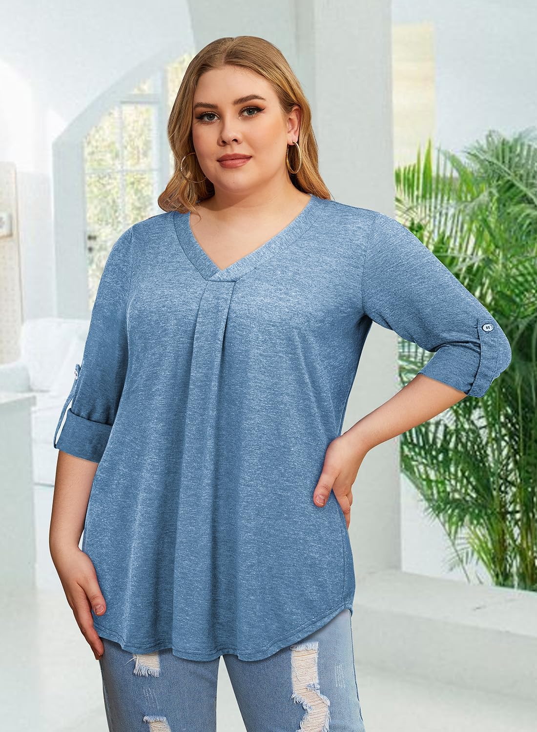 Siddhe Plus Size Tops for Women 3/4 Sleeve Shirts V Neck Blouses Tunic Top Spring Summer 2026