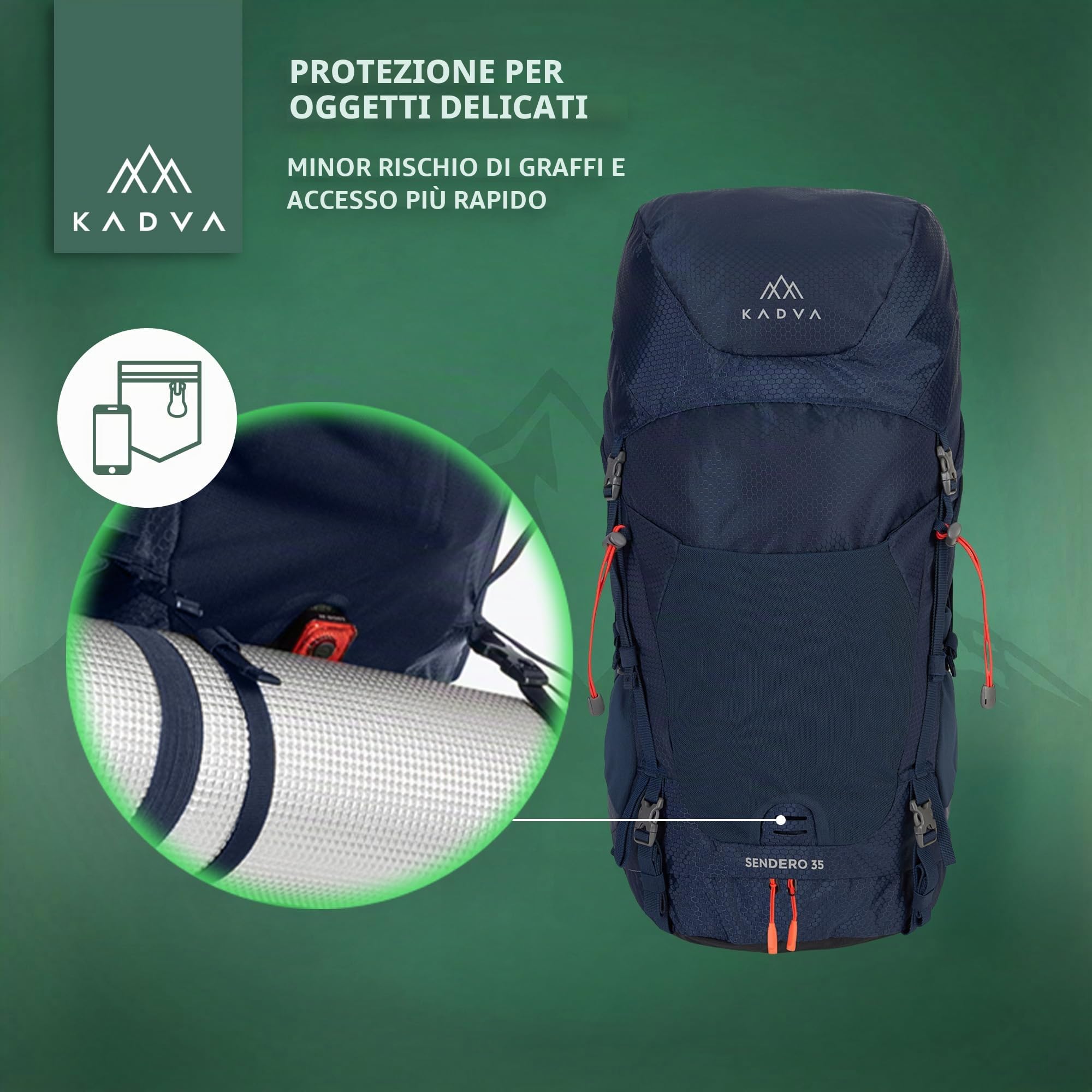 KADVA Zaino da trekking Sendero 35 l, sistema di trasporto Windspir, ventilazione e peso leggero, idrofobiatura, cinghie regolabili in vita e sul petto, dettagli riflettenti, cinghie inferiori