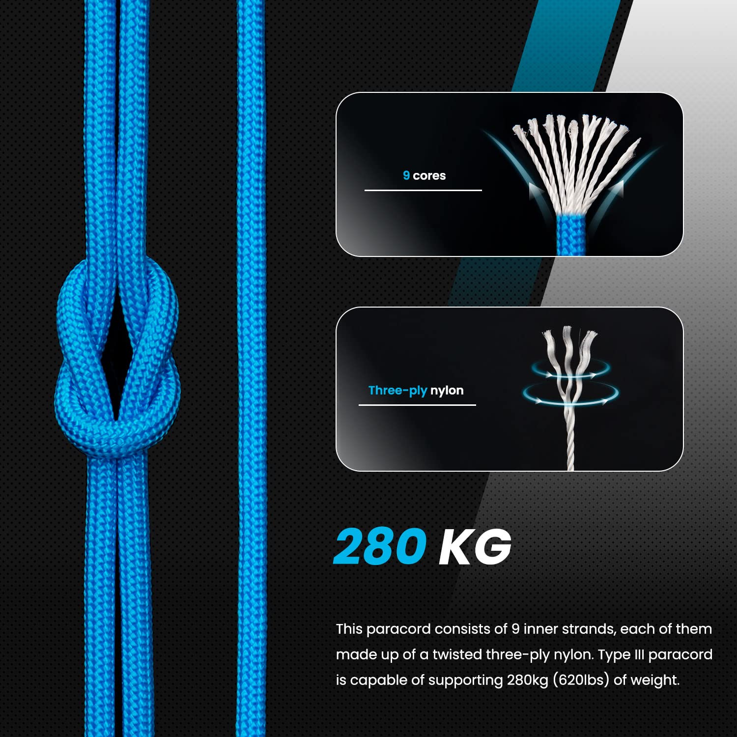 Paracord Nylonowa lina 4 mm, 15 m, 9 żyłek typu III, linka spadochronowa, do samodzielnego wykonania, kempingu, survivalu, maksymalne obciążenie 280 kg, neonowy róż