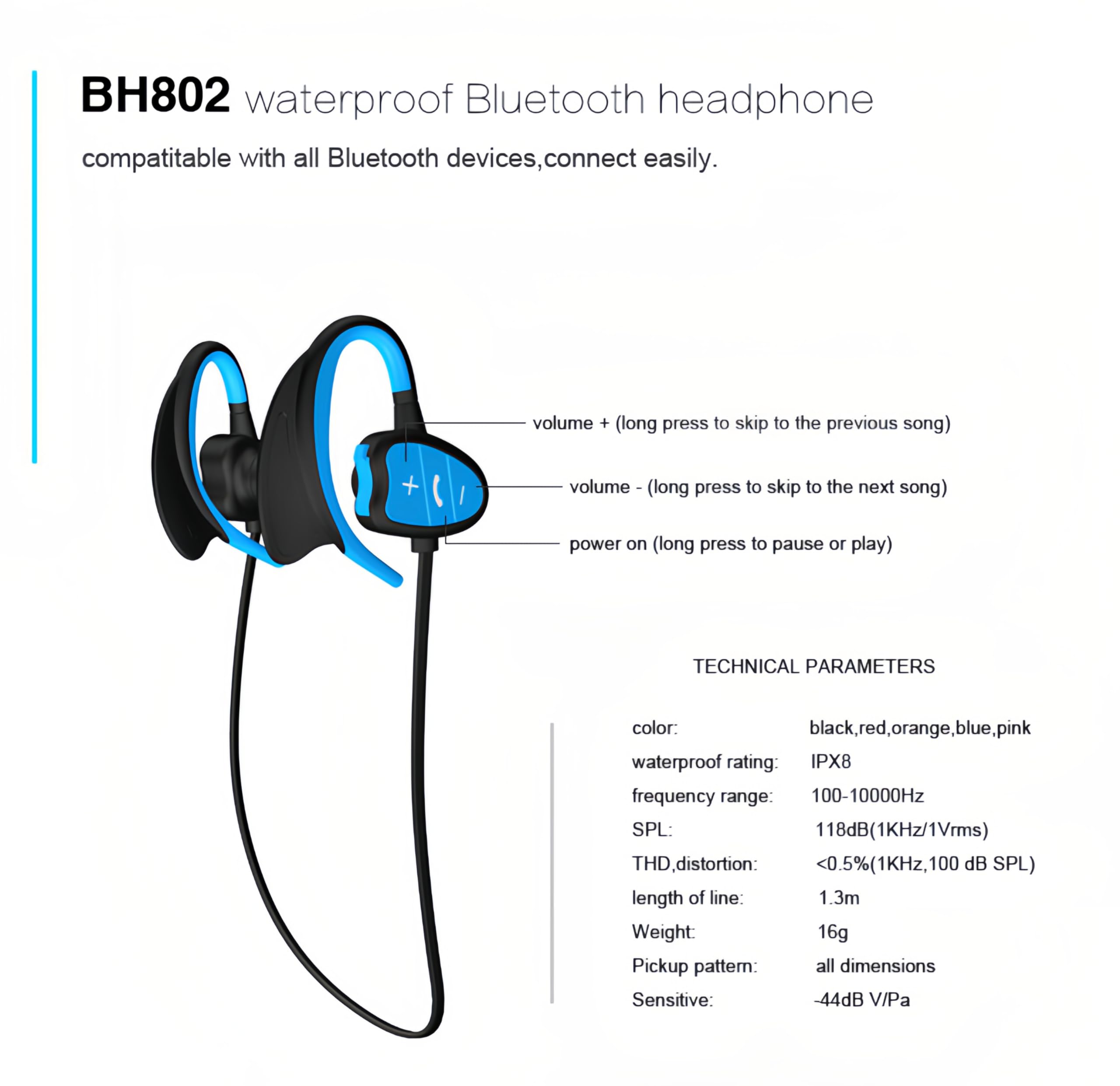 Bewinner Casque de Natation Bluetooth Étanche IPX8 avec Réduction du Bruit et Invite Vocale pour Surf et Plongée – Casque sous-Marin sans Fil en Bleu
