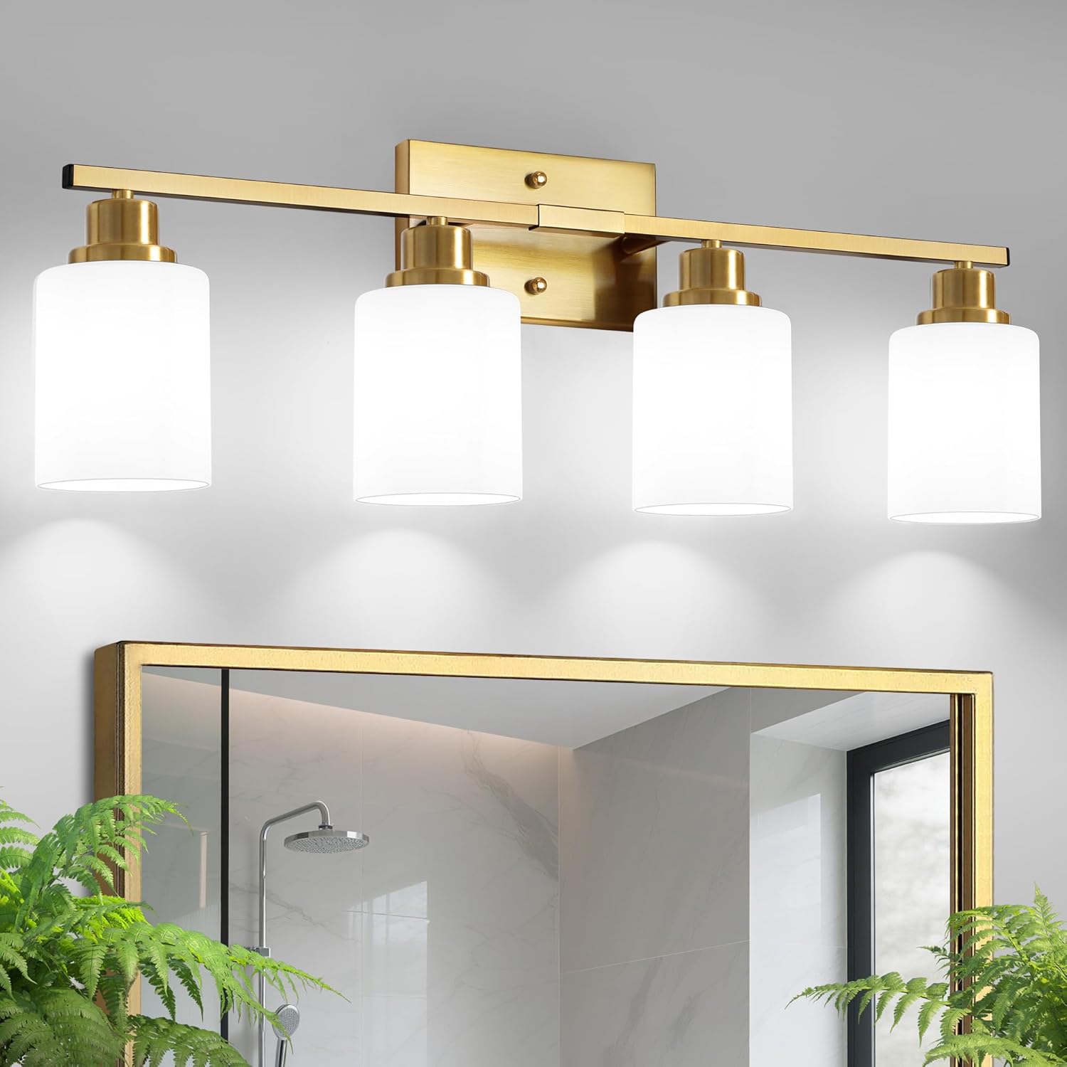 Ascher Bathroom Light Fixtures, 4-Light Vanity Light Over Mirror, Gold Wall Sconces with Milky White Frosted Glass Shades, Wall Lamp for Living Room Bedroom, E26 Base(Bulbs Not Included) Gold 4-Light