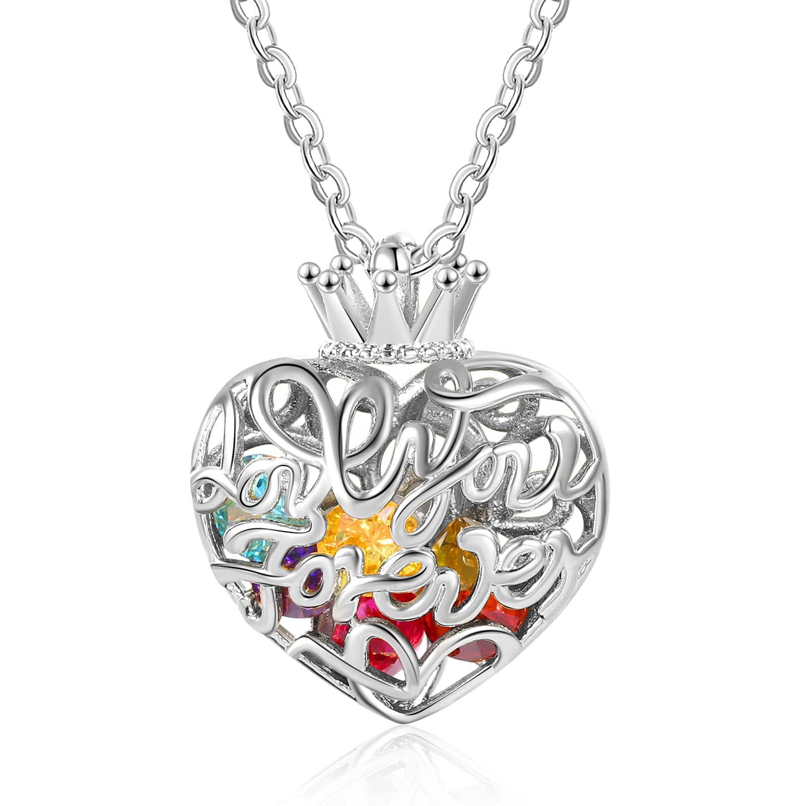 GemszooCrown Heart Locket Hollow Out Pendant Necklace with Simulated Birthstones Mother Daughter Relationship Necklace for Women Girls
