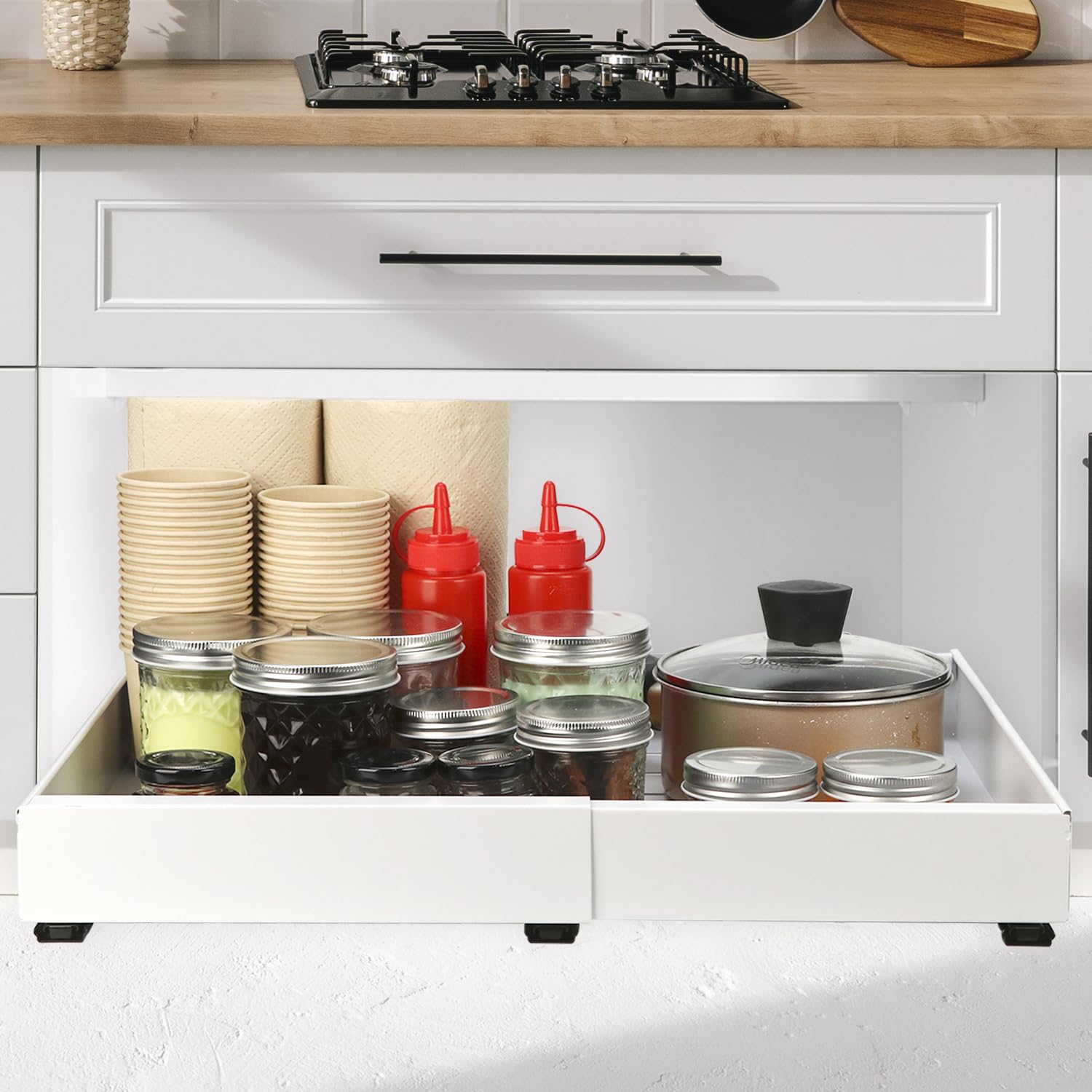 QWORK® Cassetto Telescopico, espandibile da 32 cm a 52 cm, bianco, per riporre cucina e bagno, senza foratura, acciaio al carbonio