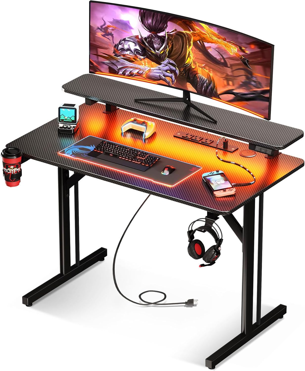MOTPK Small Gaming Desk with LED Lights & Power Outlets, 31