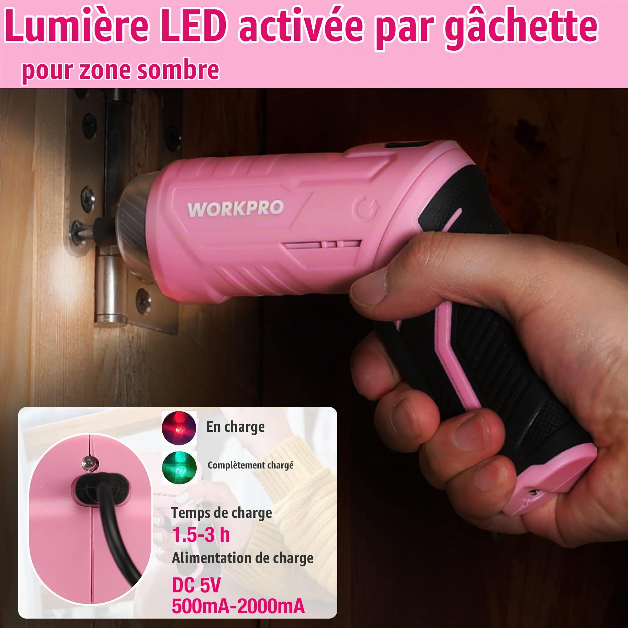 WORKPRO Caisse à Outils Rose 18 Pièces avec Tournevis Electrique 3,7 V | Trousse à Outils avec Boîte de Rangement, Mallette à Outils pour Usage Domestique ou Petits Travaux