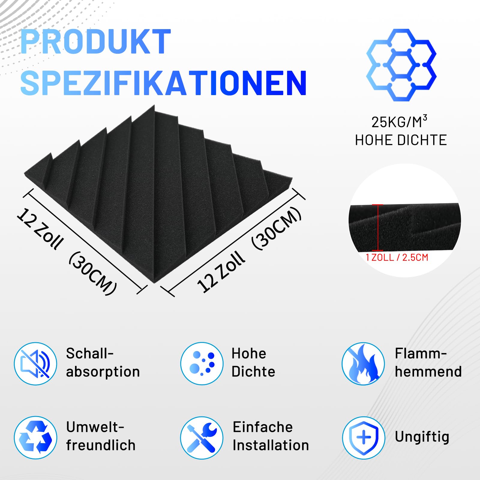 48 Stück Akustikschaumstoff Schallschutzplatten, 2.5 X 30 X 30CM Schalldämmung Akustikpaneele, Schallschutz Akustik Schaumstoffplatten, Hochdichte Schalldämmung Akustikplatten für Tonstudio, Heimkino