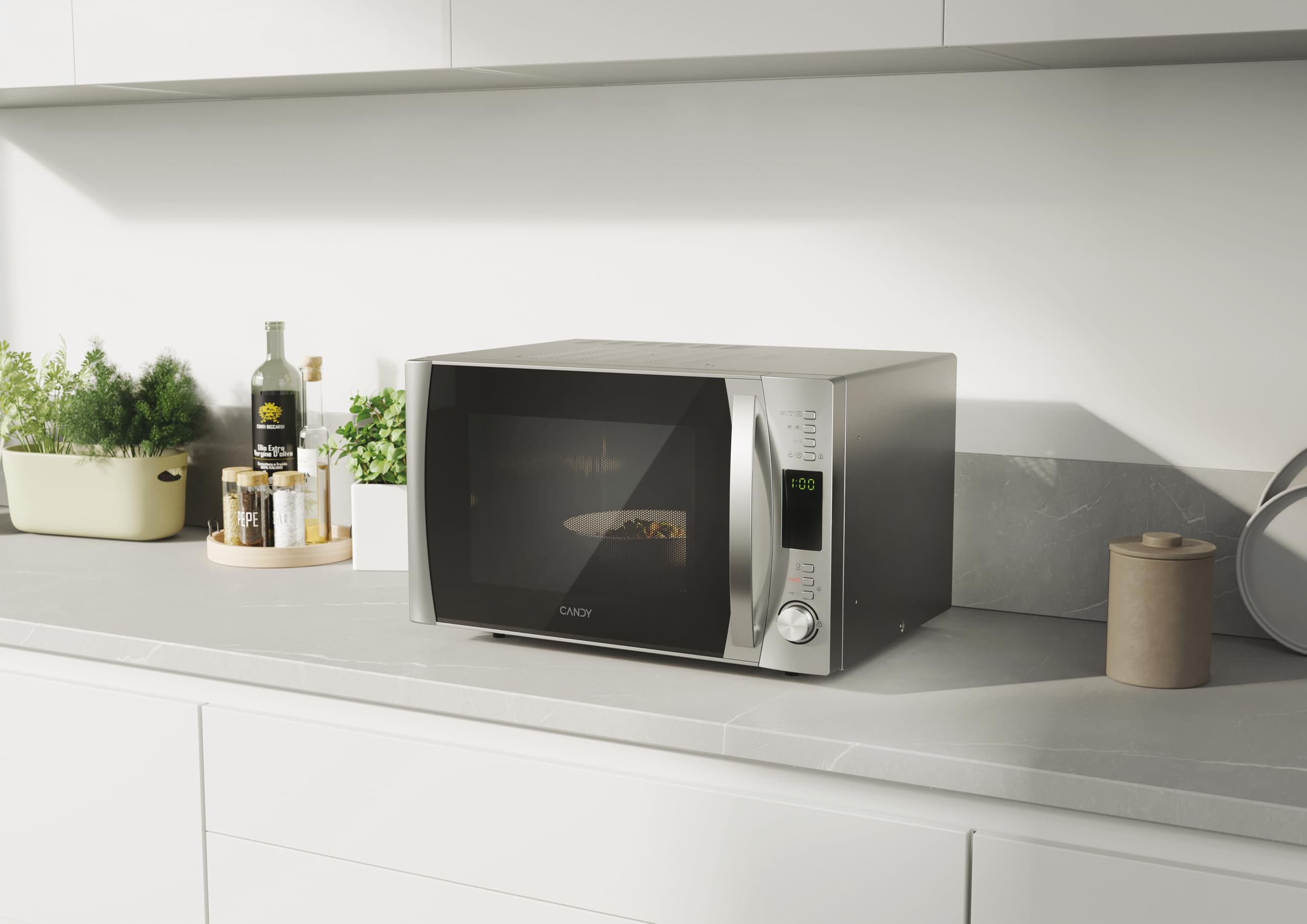 Candy COOKinAPP Forno a Microonde con Grill, 30 Litri, 900W, 40 Programmi, App Simply-Fi, Funzione ECO, Programma Baby, Child Lock, Libera Installazione, 52 x 43,5 x 32,6 cm, Argento - CMXG30DS