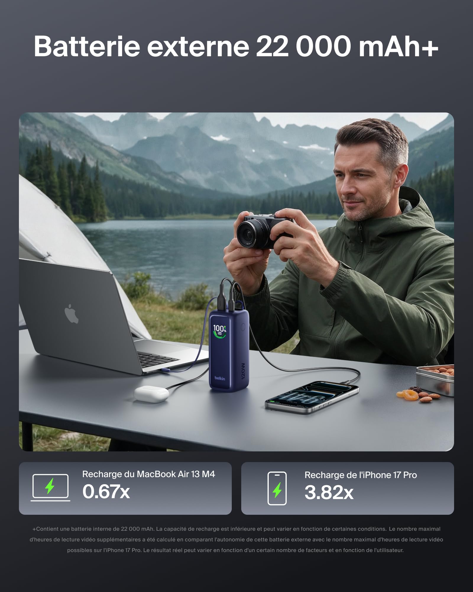 Belkin UltraCharge Batterie Externe 22000mAh, 120W, câble USB-C rétractable