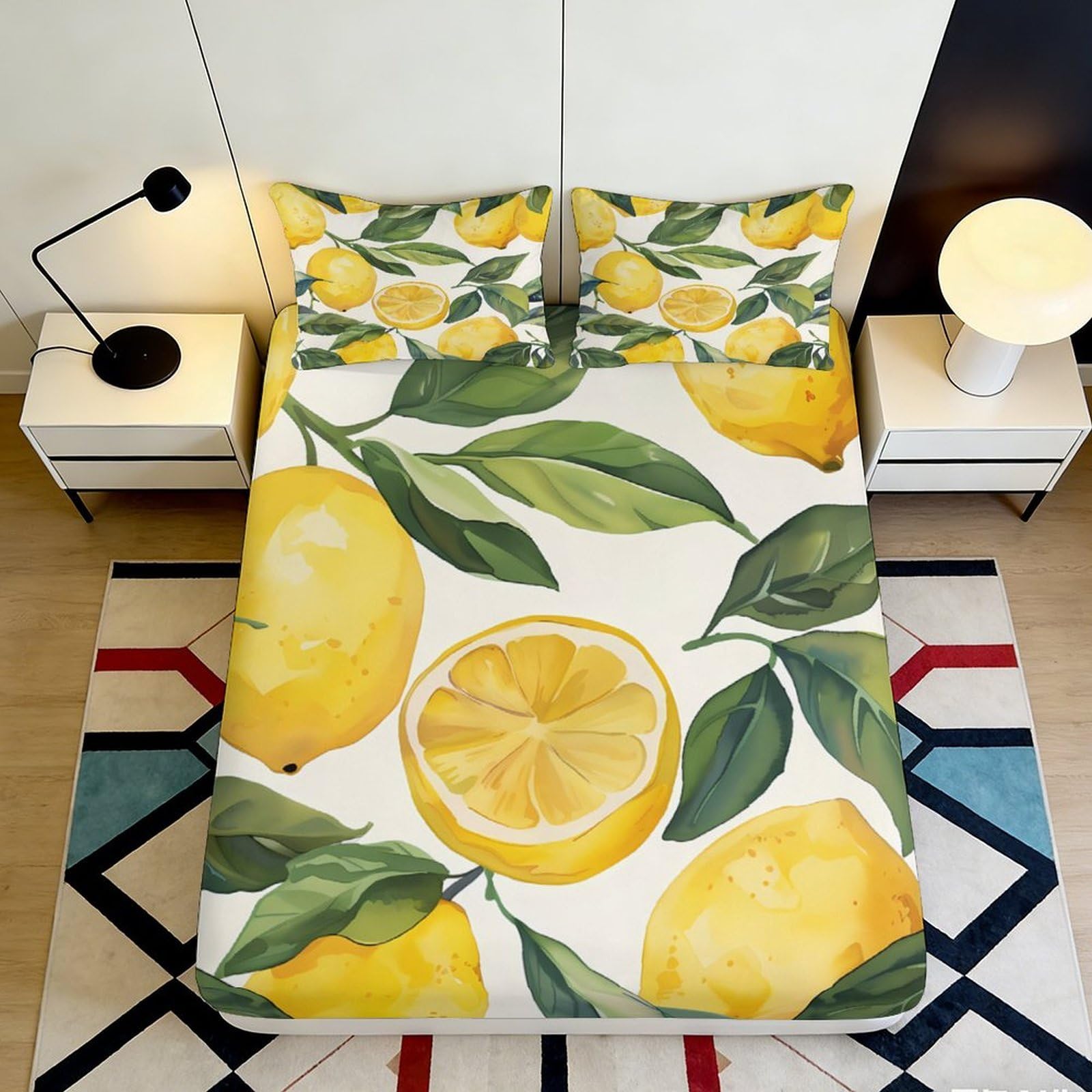 3D Printed Lemon Pattern Fitted Sheet Microfiber Soft Breathable Citrus Mattress Cover for Bedroom Dormitory Guest Room Mattress Protection Decor 120x200x25cm