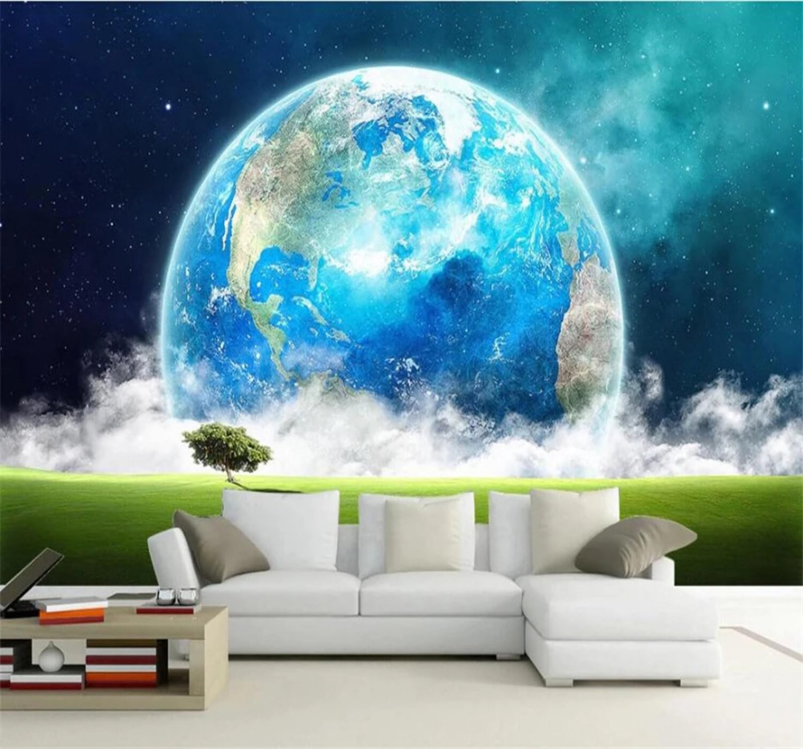 Xlming 200Cm×140Cm(B×H) Three Dimensional Blue Universe Starry Sky Earth 3D Wallpaper Luxury Home Dining Decor Paste Sofa Living Room The Wall For Bedroom Mural-200Cm×140Cm
