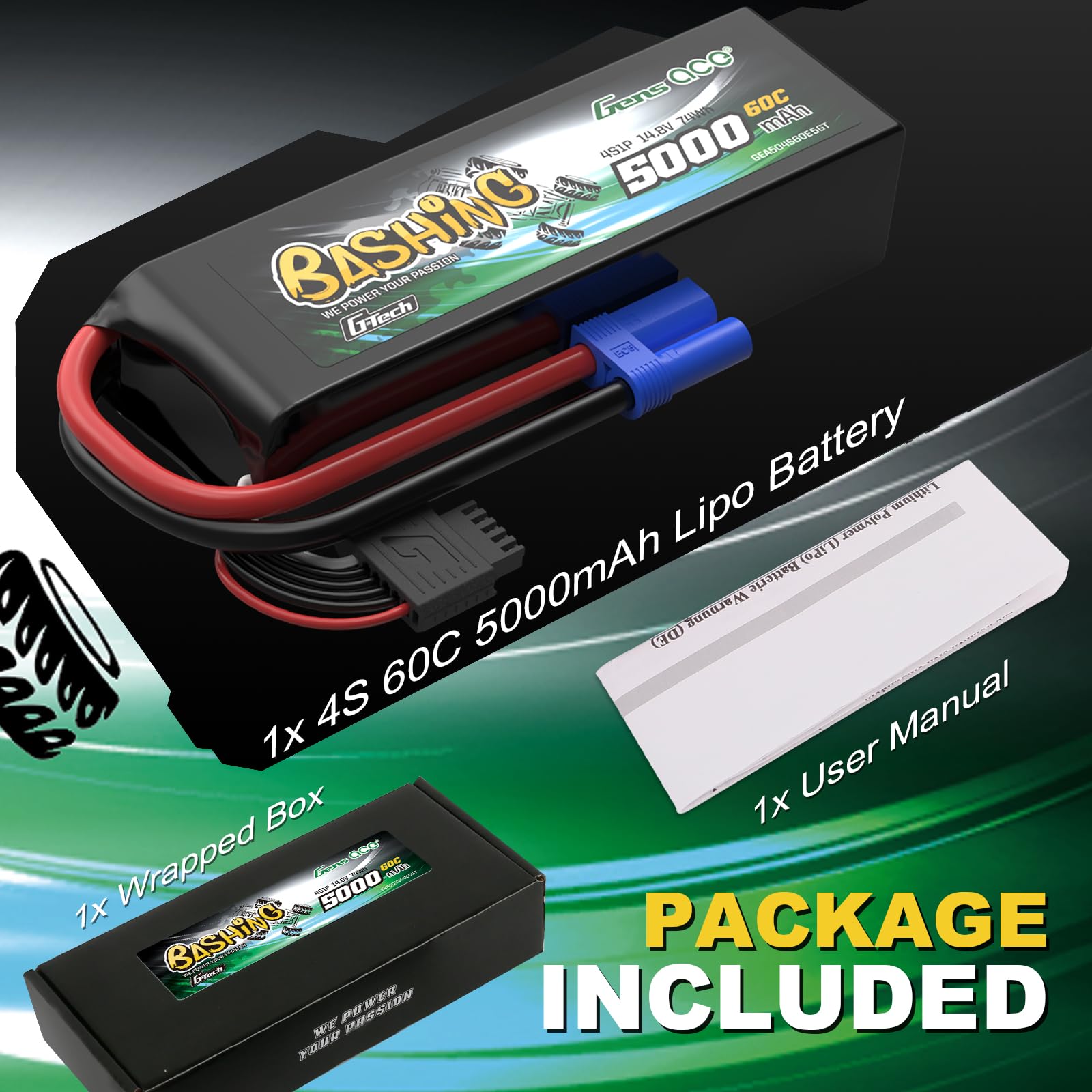 Gens Ace 4S 5000 mAh 14,8 V 60C LiPo akumulator z wtyczką EC5 i G-Tech – akumulator Bashing do samochodów RC, samolotów RC, helikoptera RC i hobby RC