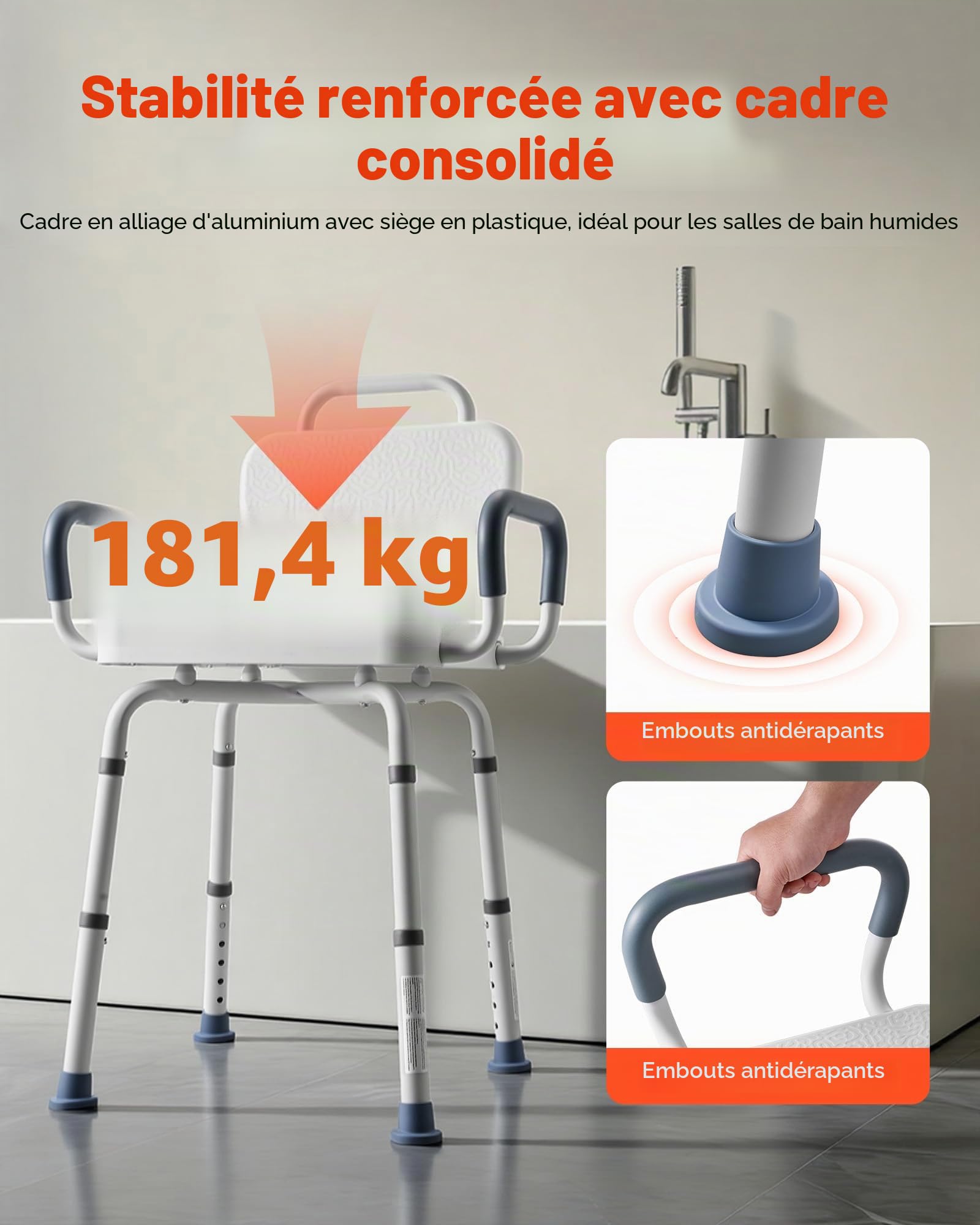 VEVOR Chaise de Baignoire Pivotante à 360°, Banc de Transfert Baignoire avec Dossier et Accoudoirs, Capacité 180 kg, Siège de Douche pour Adultes, Personnes Âgées et Handicapés, Hauteur Réglable