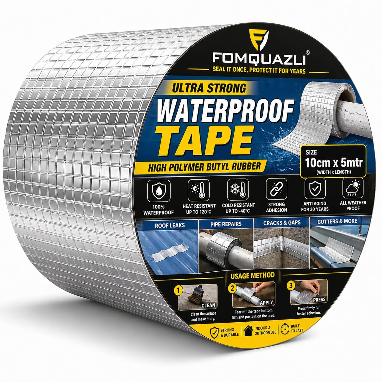 FOMQUAZLI Leakage Repair Strong Adhesive Aluminium Waterproof Tape for Surface Crack, Outdoor Roof, Pipe Repair, Window Sill Gap,Boat Sealing Repair, Home Renovation Tape (5cm*5mtr)-image-18